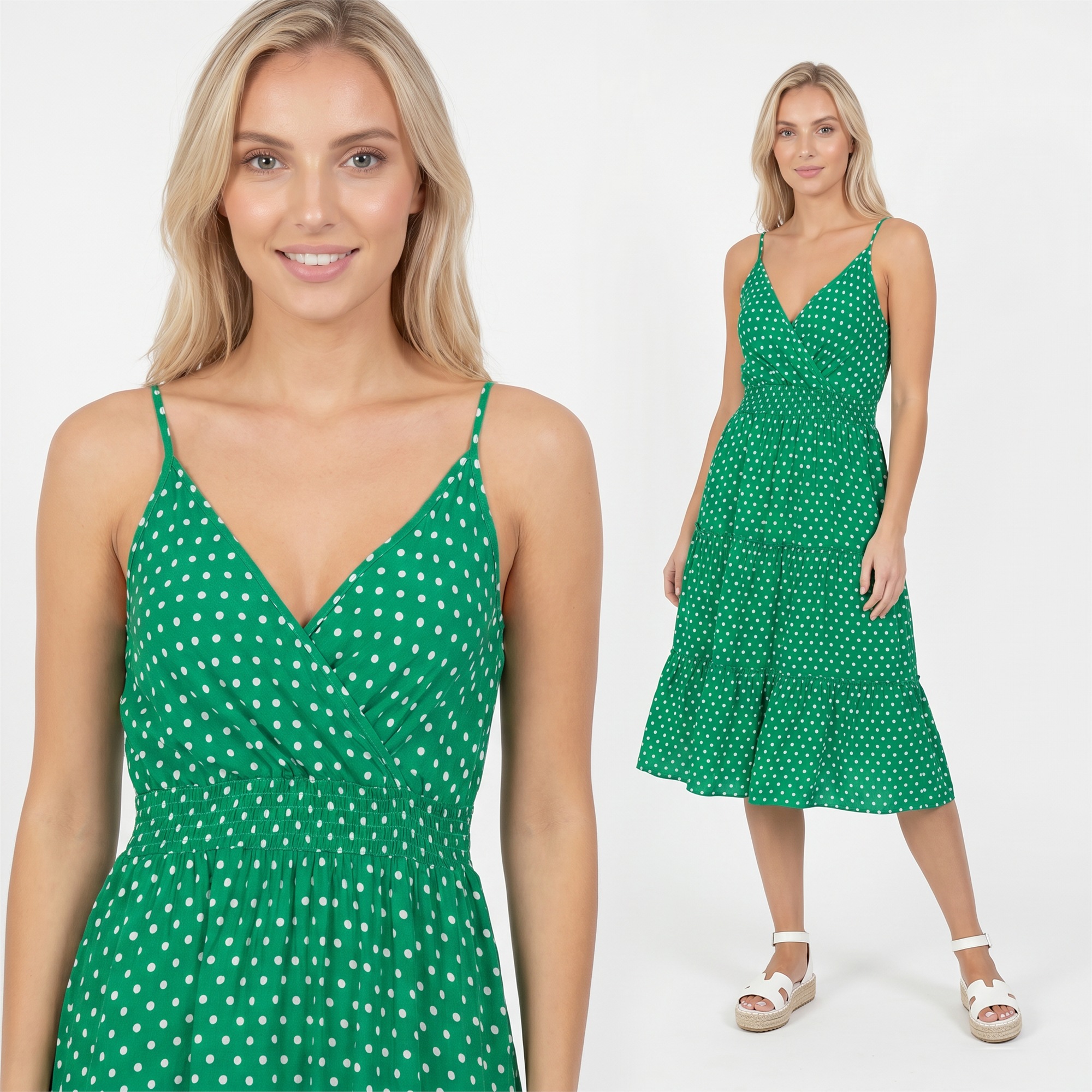 Letnia sukienka midi na ramiączka w groszki Pink Fashion Zielona - W261351