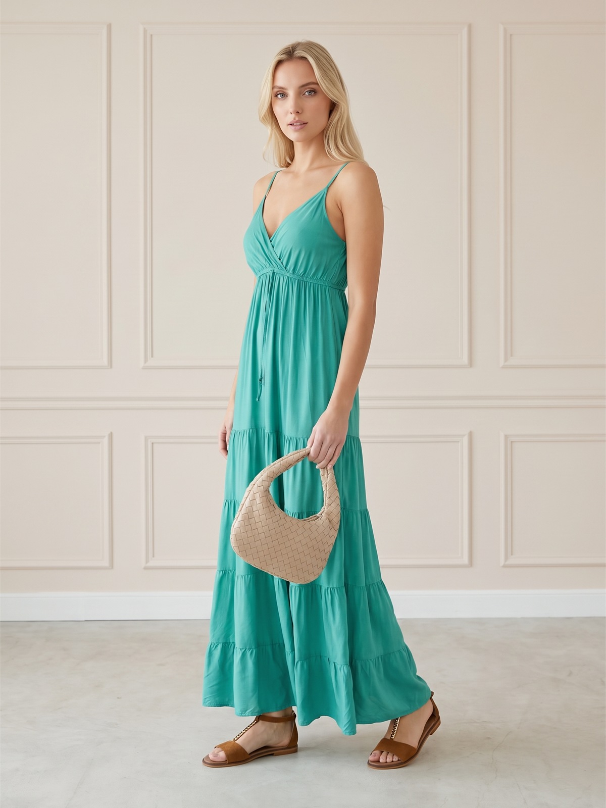 Letnia sukienka maxi boho na ramiączka Pink Fashion Zielona - W261343