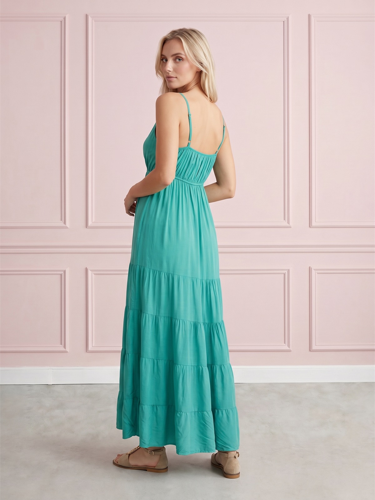 Letnia sukienka maxi boho na ramiączka Pink Fashion Zielona - W261343