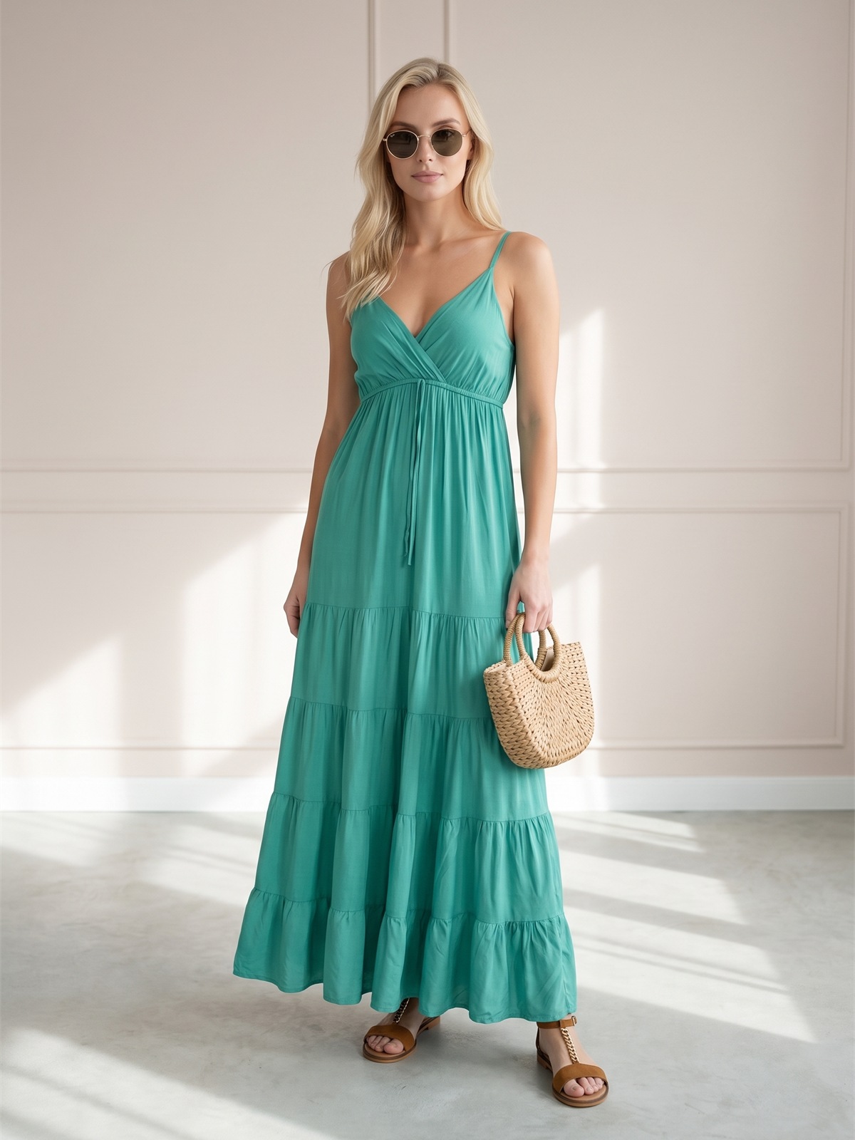 Letnia sukienka maxi boho na ramiączka Pink Fashion Zielona - W261343