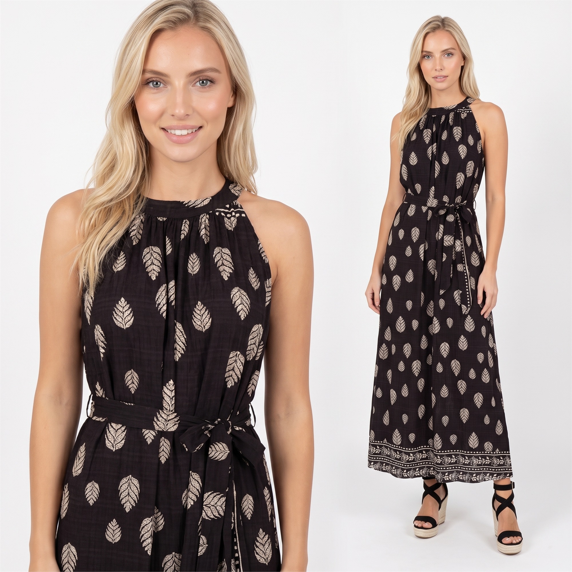 Letnia sukienka maxi wiązana na szyi Pink Fashion - Czarna/Beżowa W261331