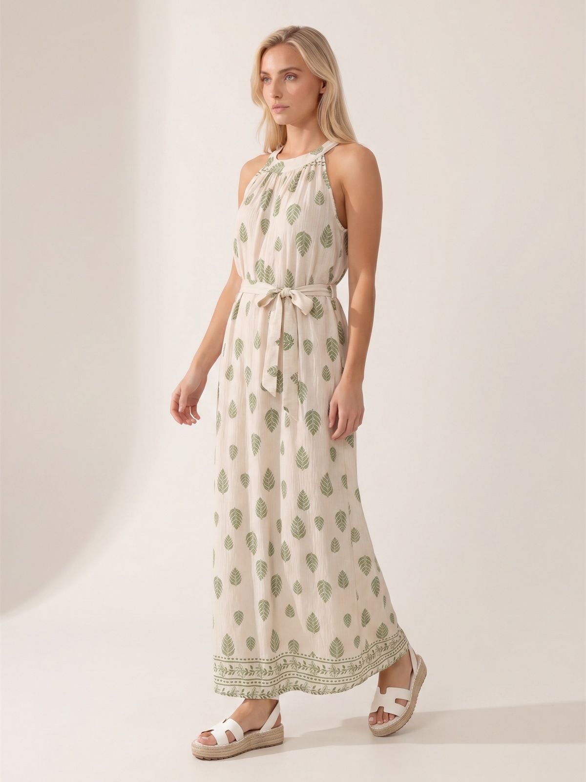 Letnia sukienka maxi wiązana na szyi Pink Fashion - Beżowa/Zielona W261331