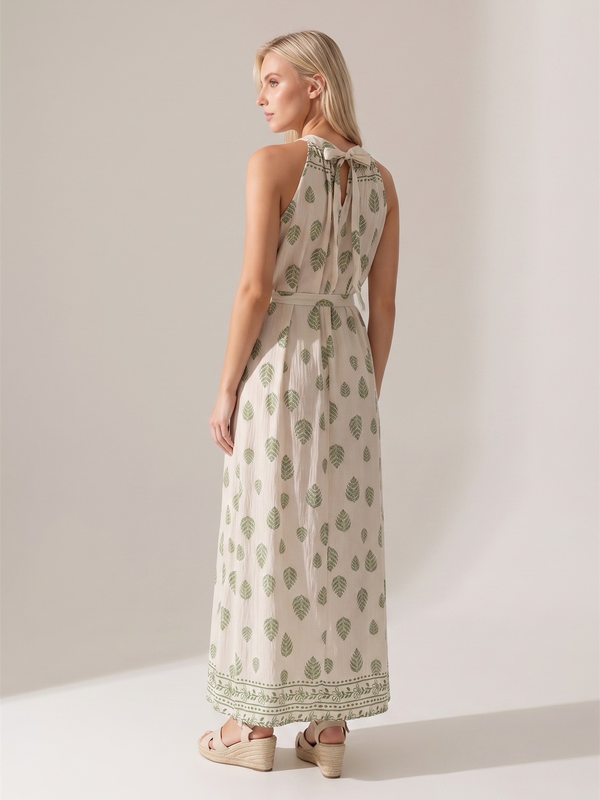 Letnia sukienka maxi wiązana na szyi Pink Fashion - Beżowa/Zielona W261331