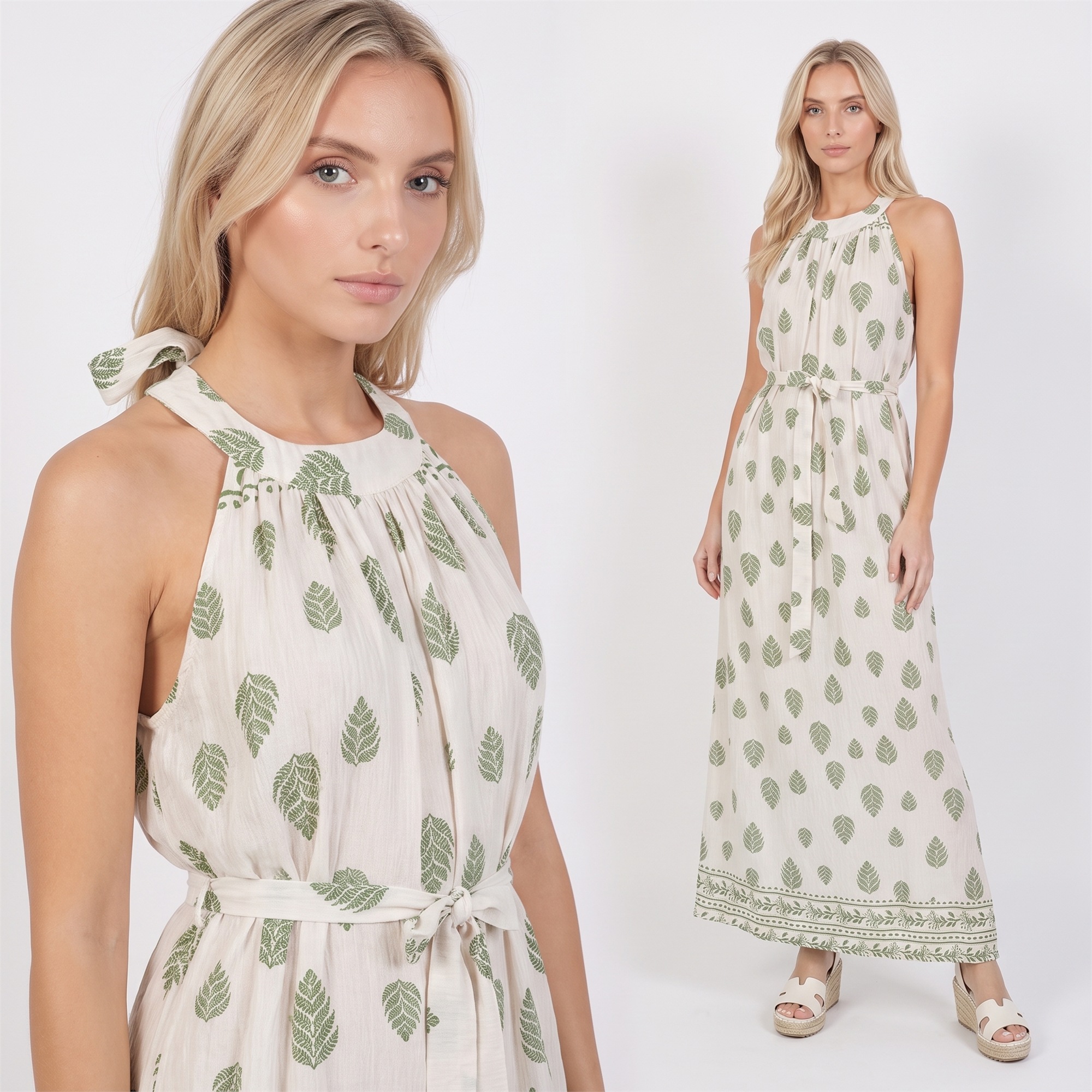Letnia sukienka maxi wiązana na szyi Pink Fashion - Beżowa/Zielona W261331