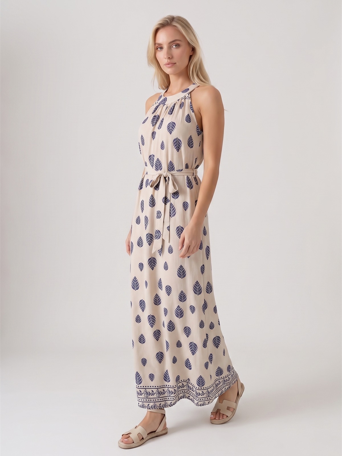 Letnia sukienka maxi wiązana na szyi Pink Fashion - Beżowa/Granatowa W261331