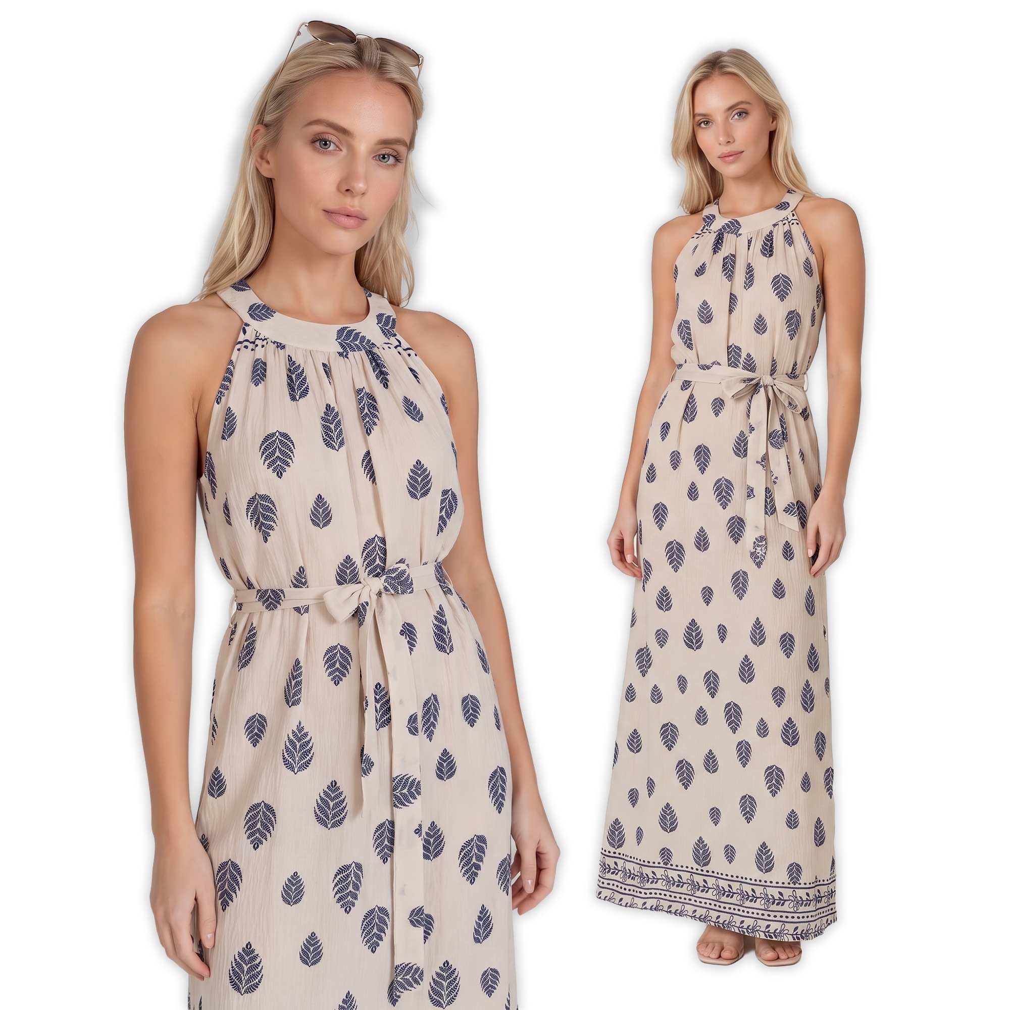 Letnia sukienka maxi wiązana na szyi Pink Fashion - Beżowa/Granatowa W261331