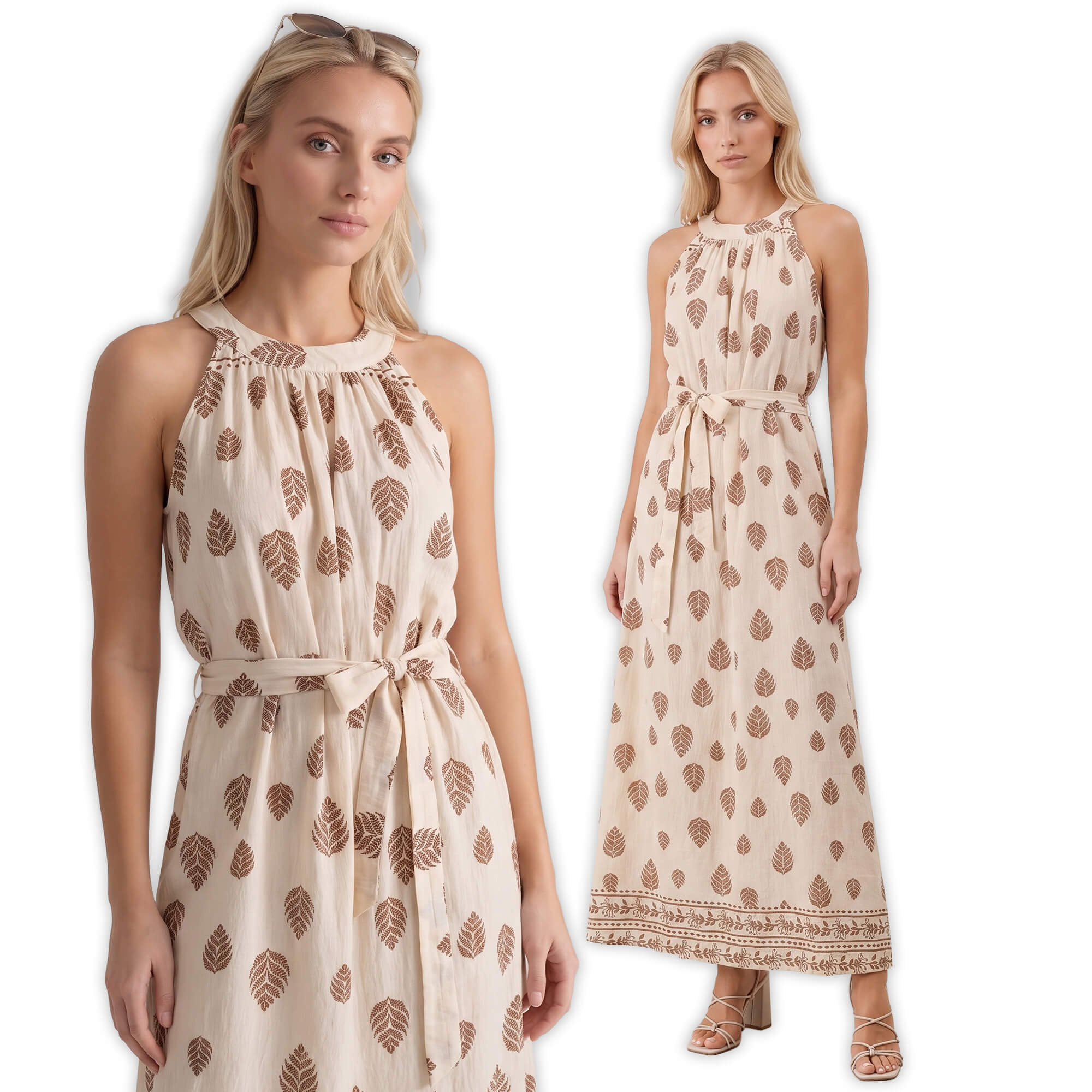 Letnia sukienka maxi wiązana na szyi Pink Fashion - BeżowaBrązowa W261331 (1).jpg