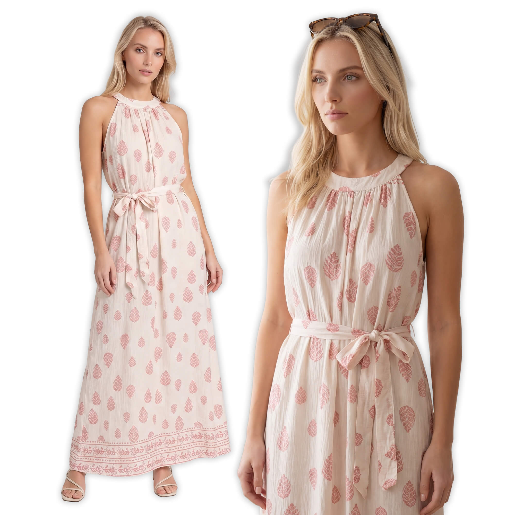 Letnia sukienka maxi wiązana na szyi Pink Fashion - BeżowaRóżowa W261331 (1).jpg