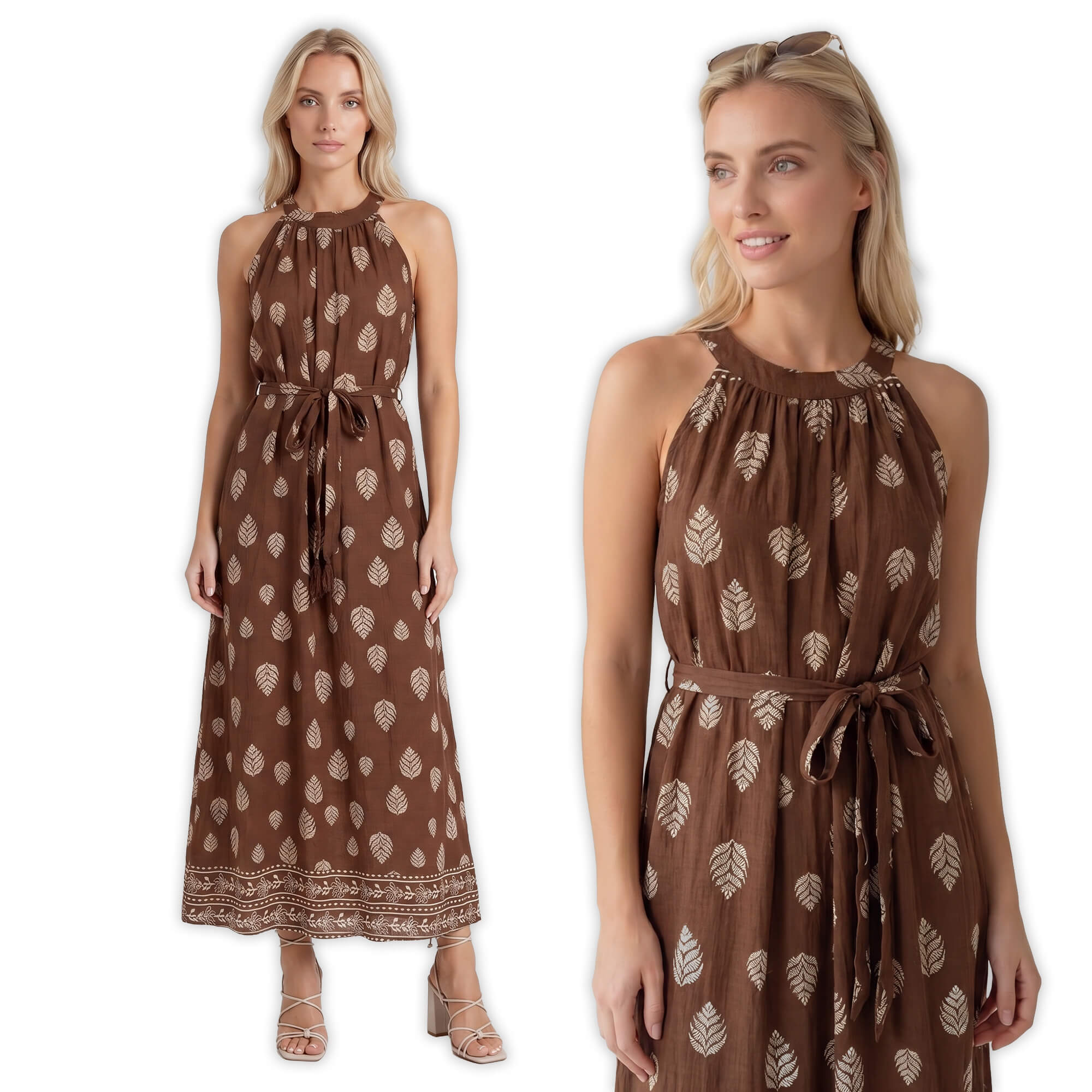 Letnia sukienka maxi wiązana na szyi Pink Fashion - Brązowa W261331 (1).jpg