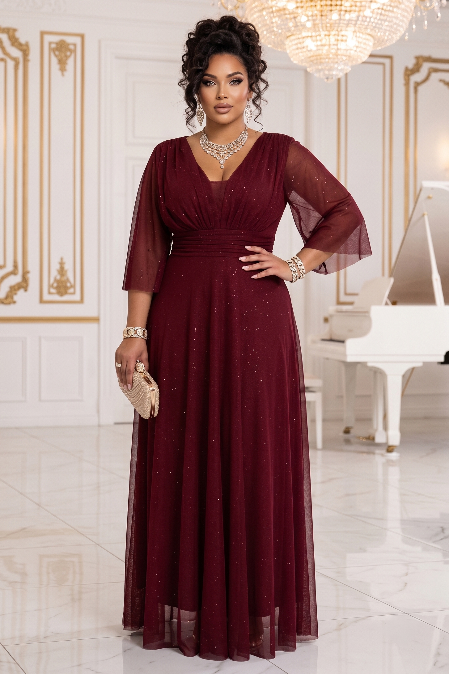 654-6 Długa połyskująca sukienka plus size z dekoltem i transparentnym rękawkiem - bordowa-6 68500 