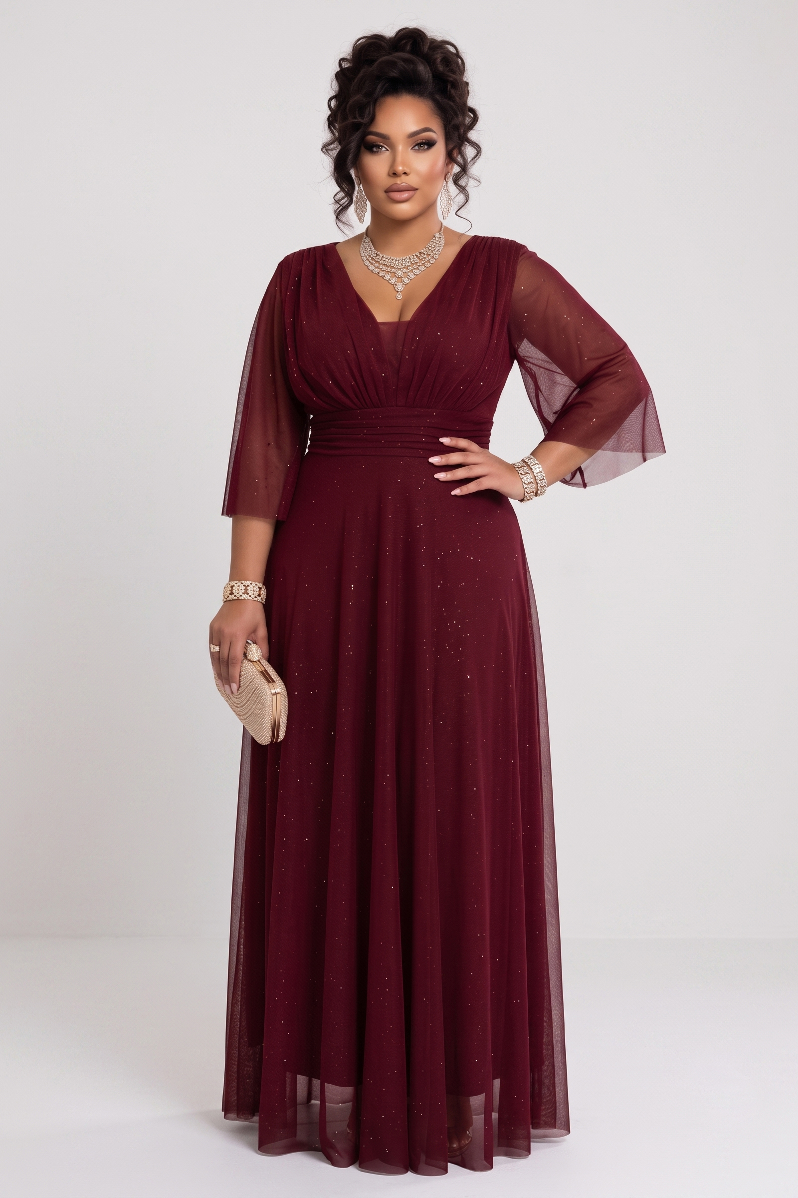 654-6 Długa połyskująca sukienka plus size z dekoltem i transparentnym rękawkiem - bordowa-9 68500 