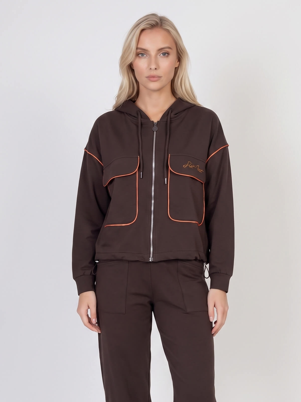 Bluza damska Megi rozpinana z kapturem Czekoladowa - W261377 (1).jpg