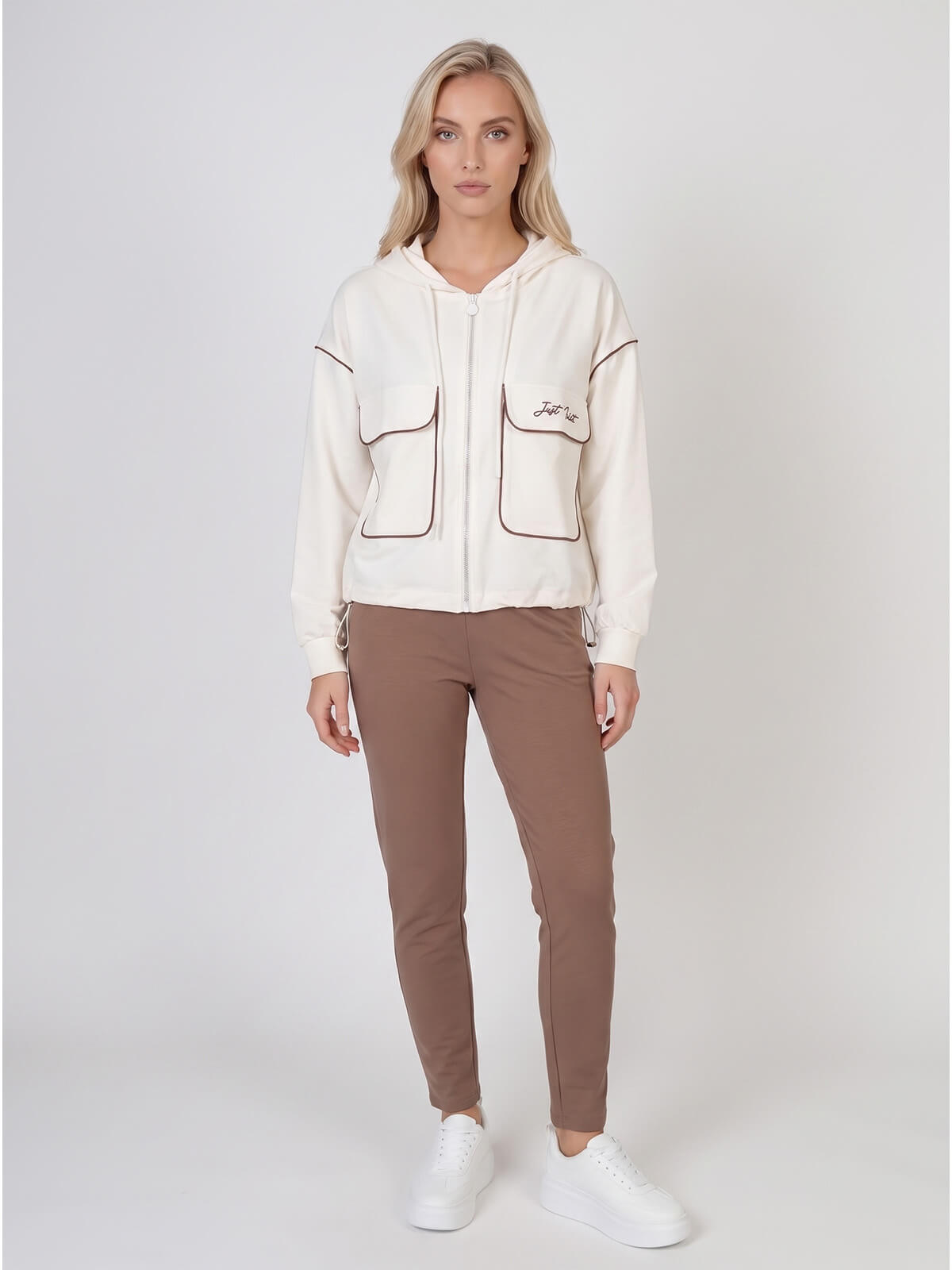 Bluza damska Megi rozpinana z kapturem Śmietankowa - W261377 (1).jpg