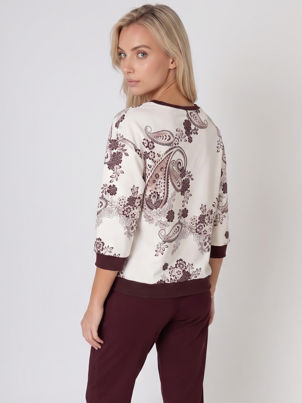 Bluza damska Megi rękaw 34 print ŚmietankowaBurgundowa - W261383 (2).jpg