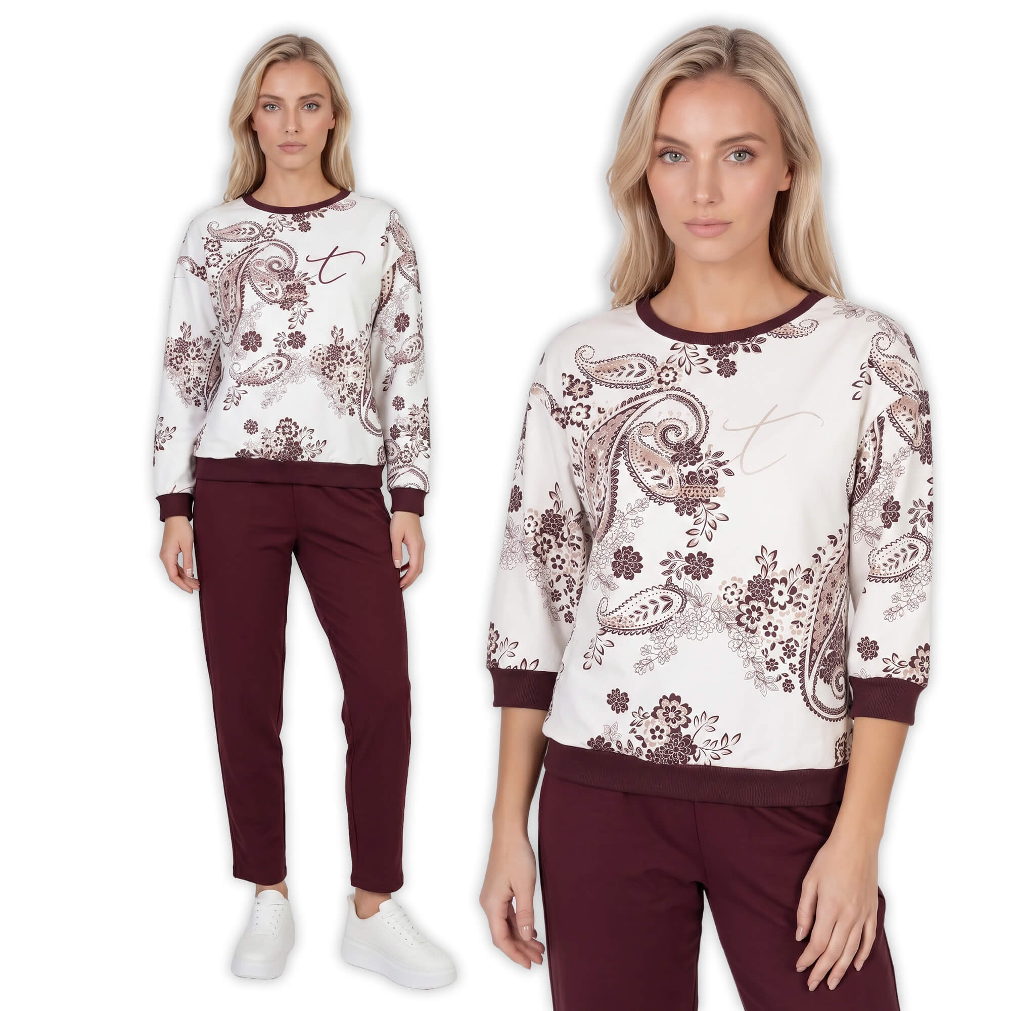 Bluza damska Megi rękaw 34 print ŚmietankowaBurgundowa - W261383 (3).jpg