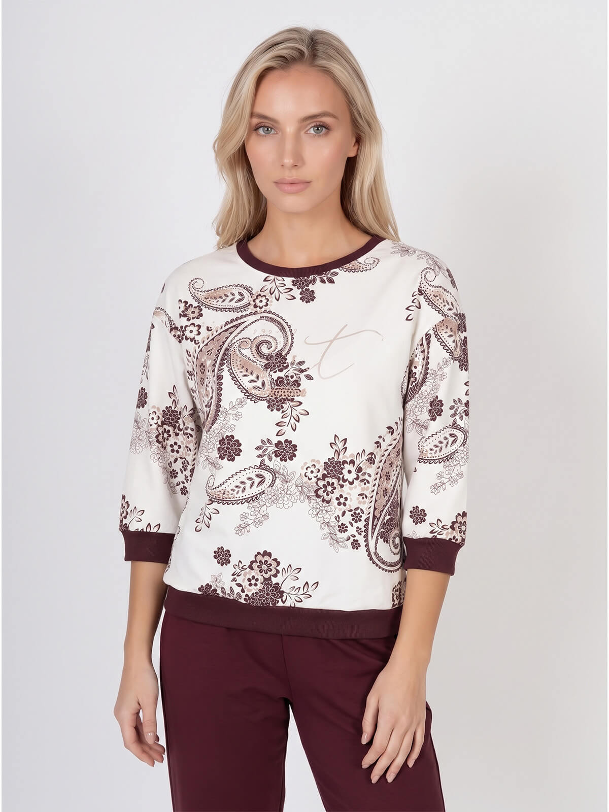 Bluza damska Megi rękaw 34 print ŚmietankowaBurgundowa - W261383 (7).jpg