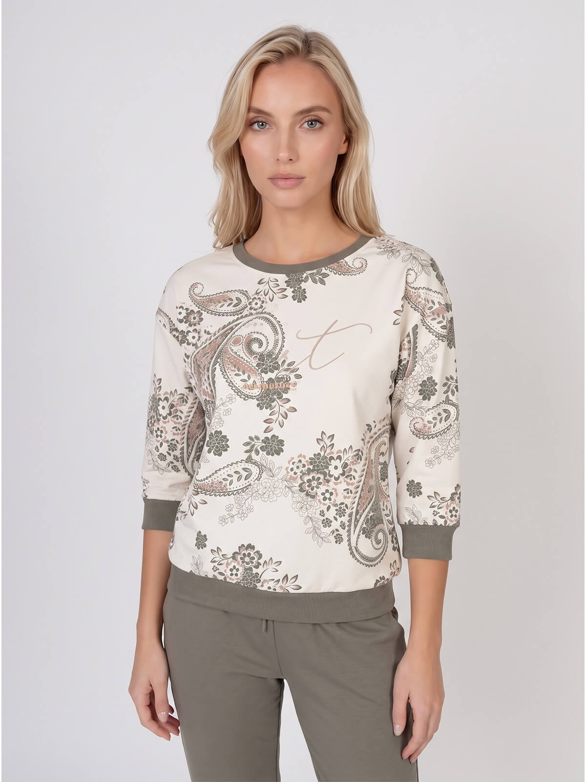 Bluza damska Megi rękaw 34 print ŚmietankowaKhaki - W261383 (2).jpg