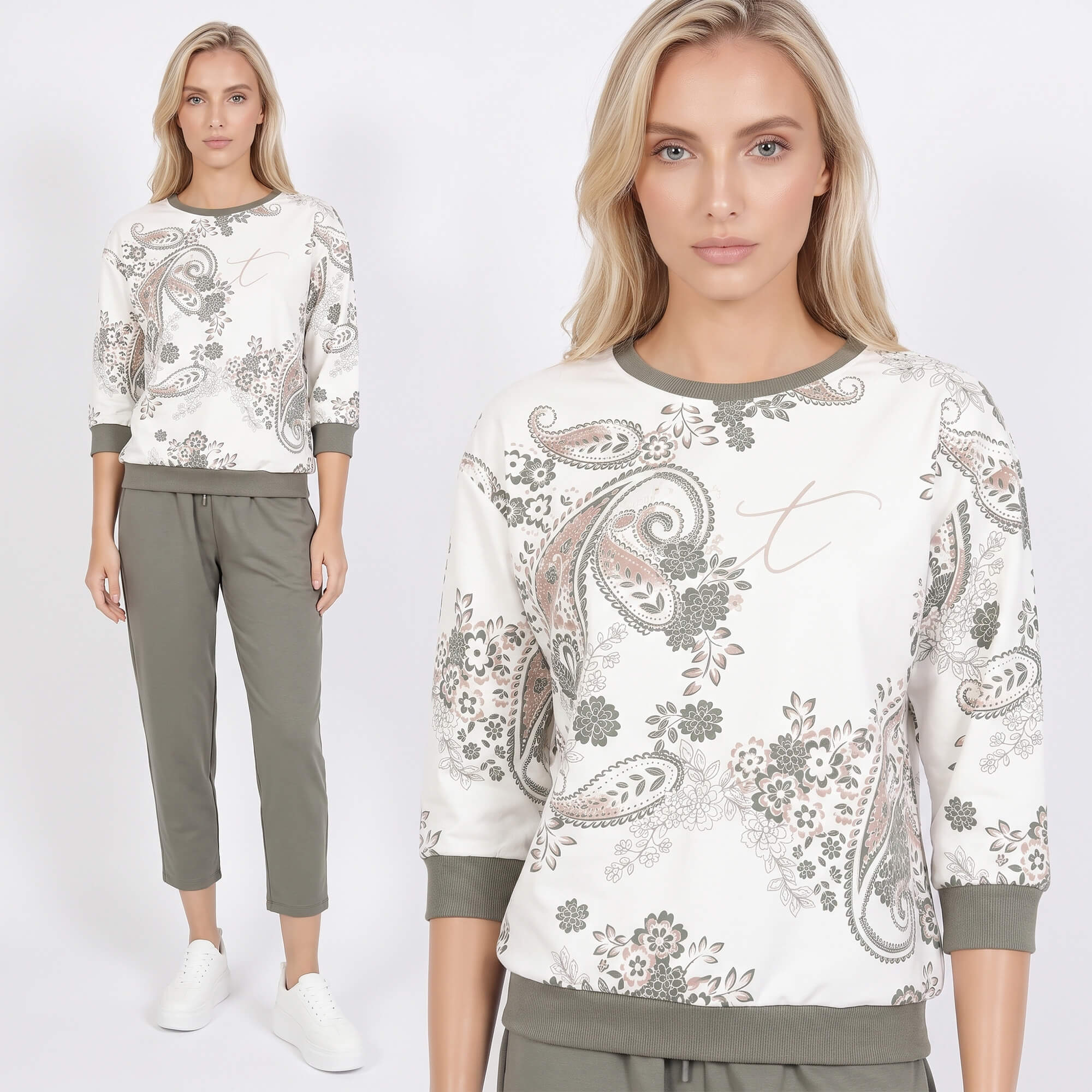Bluza damska Megi rękaw 34 print ŚmietankowaKhaki - W261383 (7).jpg
