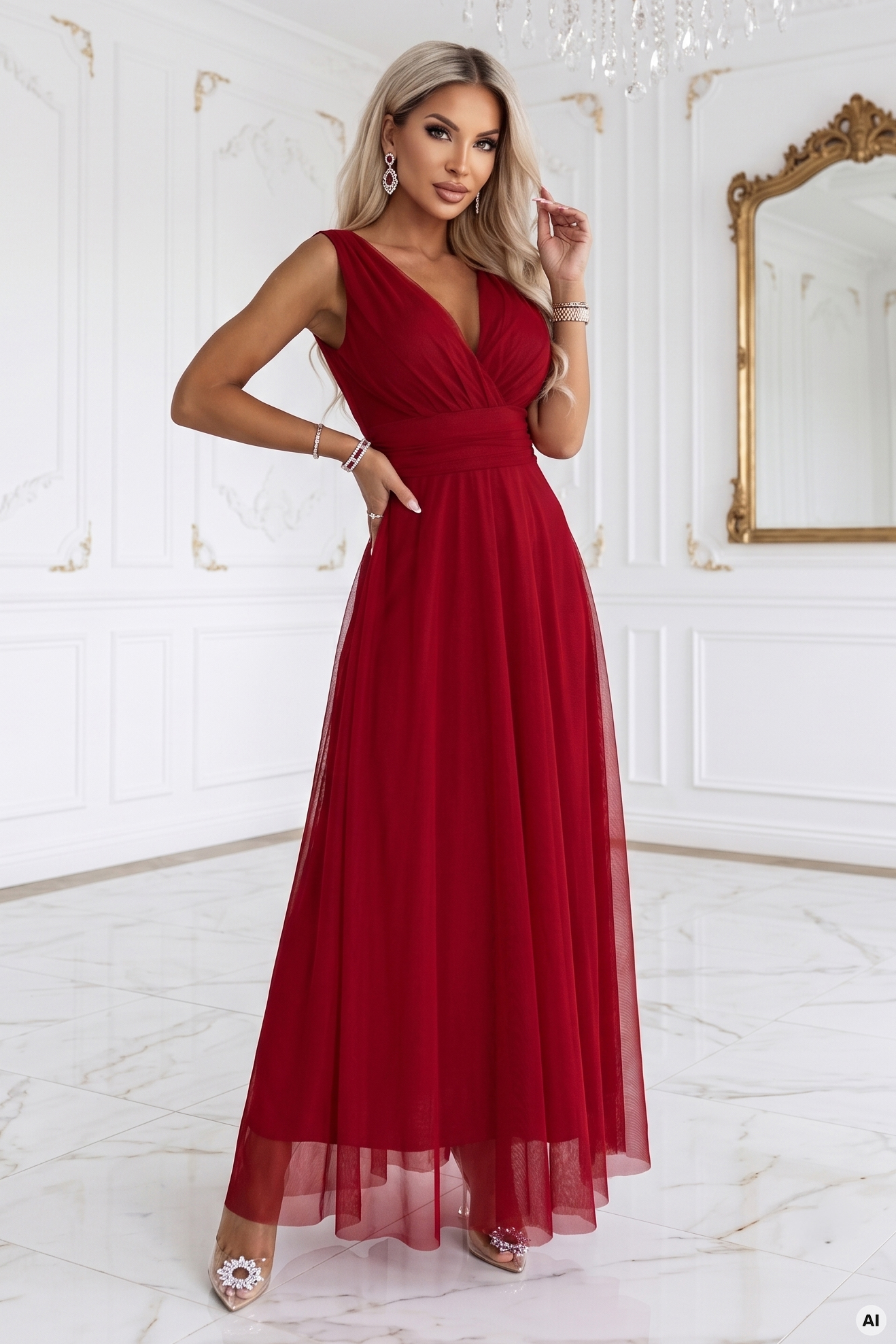 687-2 Elegancka sukienka maxi z kopertowym dekoltem i odkrytymi plecami - jasne bordo-4 68543 