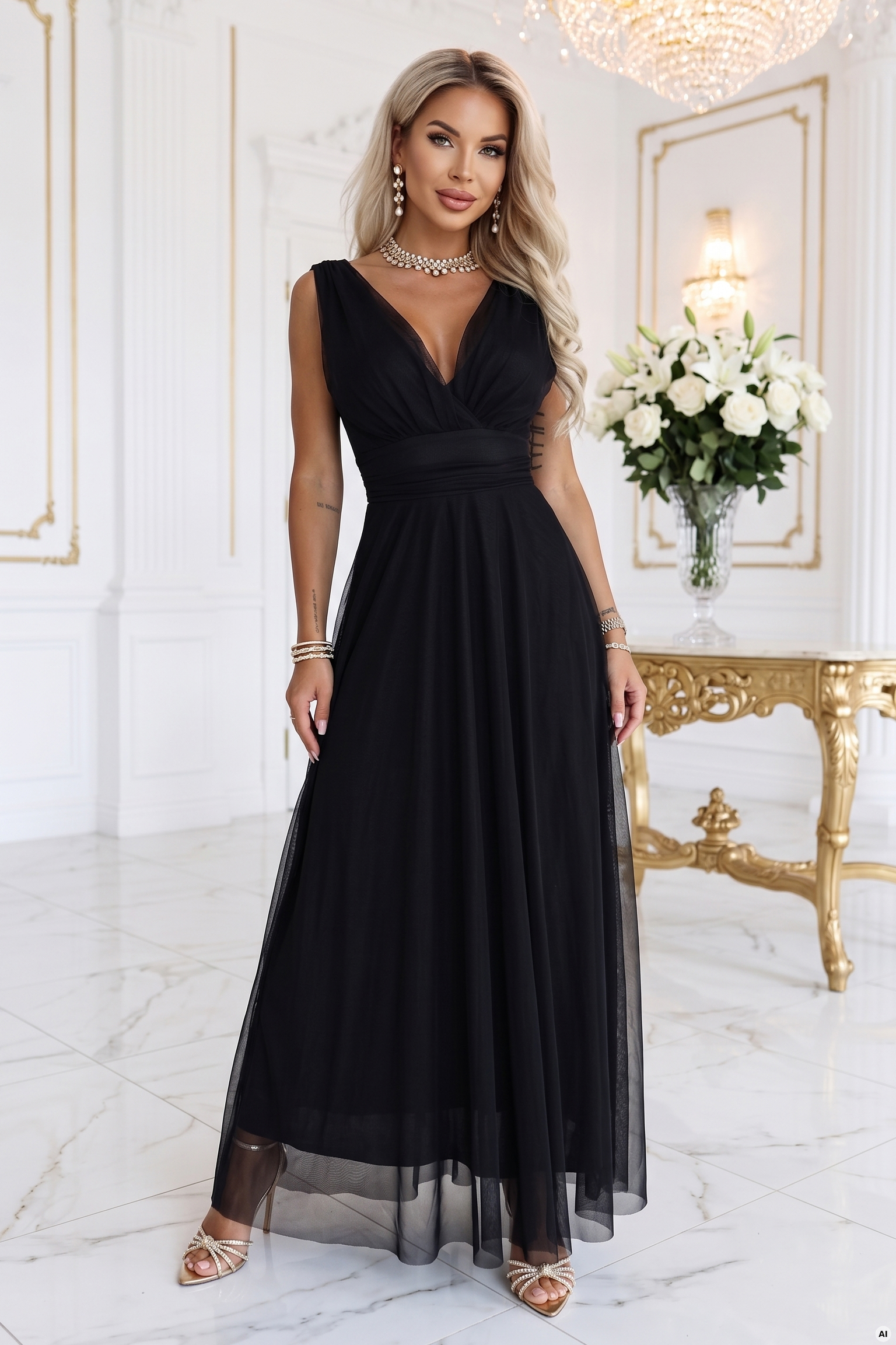 687-1 Elegancka sukienka maxi z kopertowym dekoltem i odkrytymi plecami - czarna-5 68544 