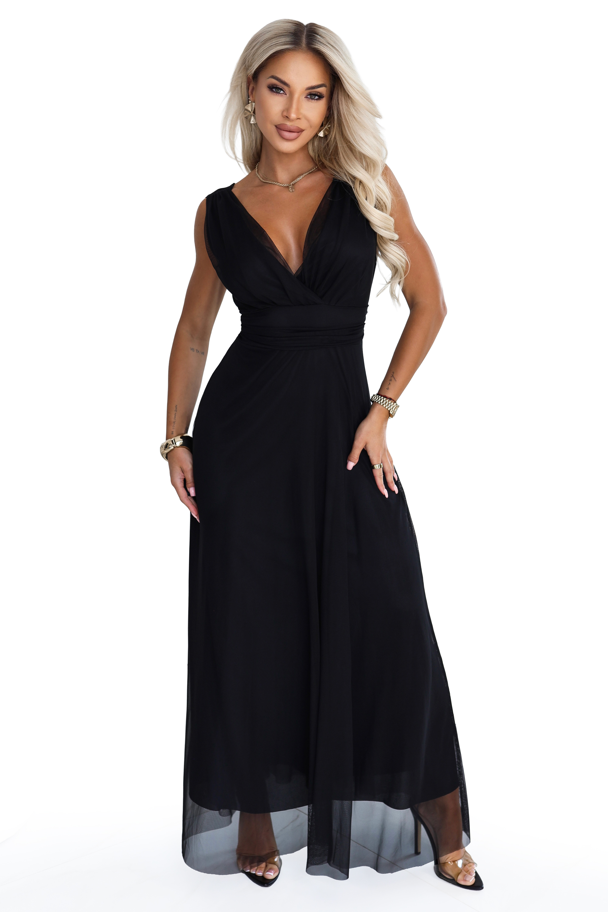 687-1 Elegancka sukienka maxi z kopertowym dekoltem i odkrytymi plecami - czarna-10 68544 