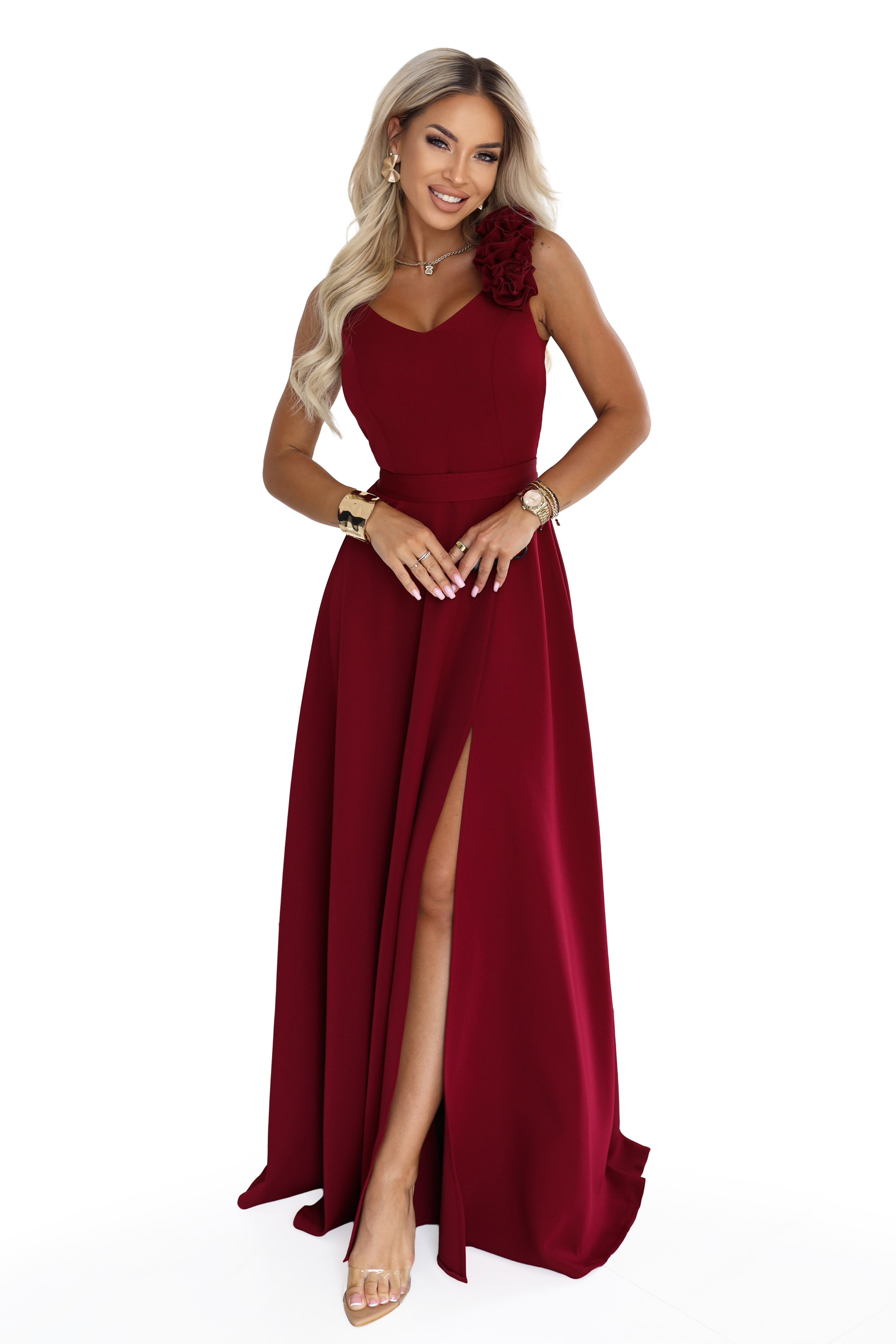 643-9 Elegancka wieczorowa suknia maxi z rozcięciem i różami - bordowa-9 68559 