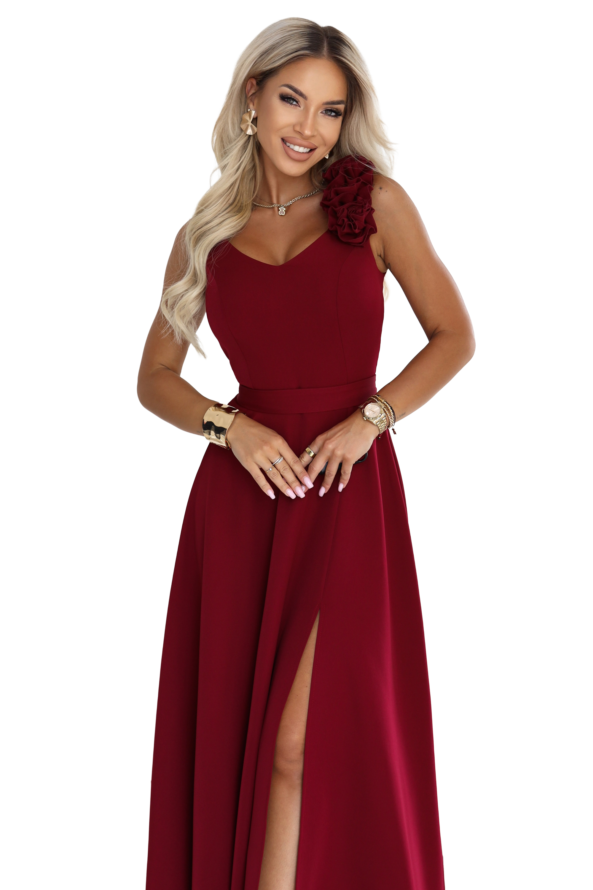 643-9 Elegancka wieczorowa suknia maxi z rozcięciem i różami - bordowa-10 68559 