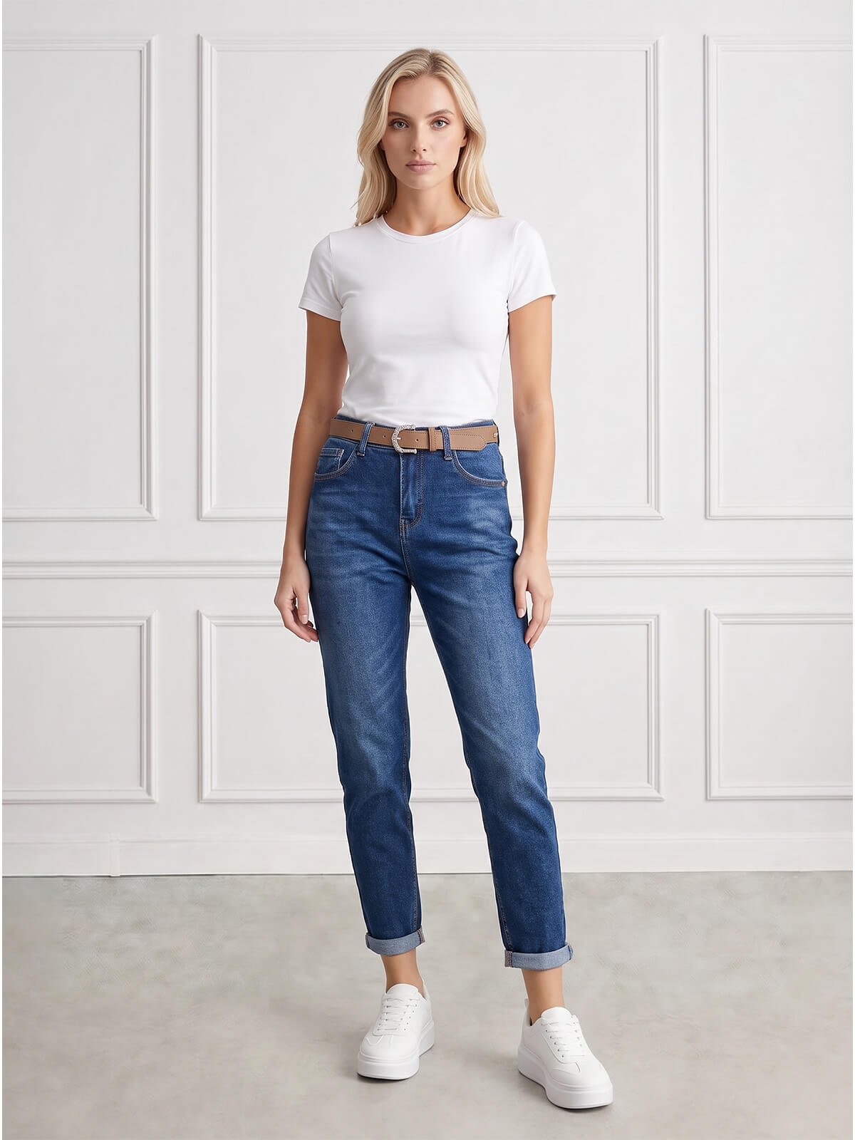 Spodnie jeans damskie M.Sara Boyfriend wysoki stan Ganatowe - J261484