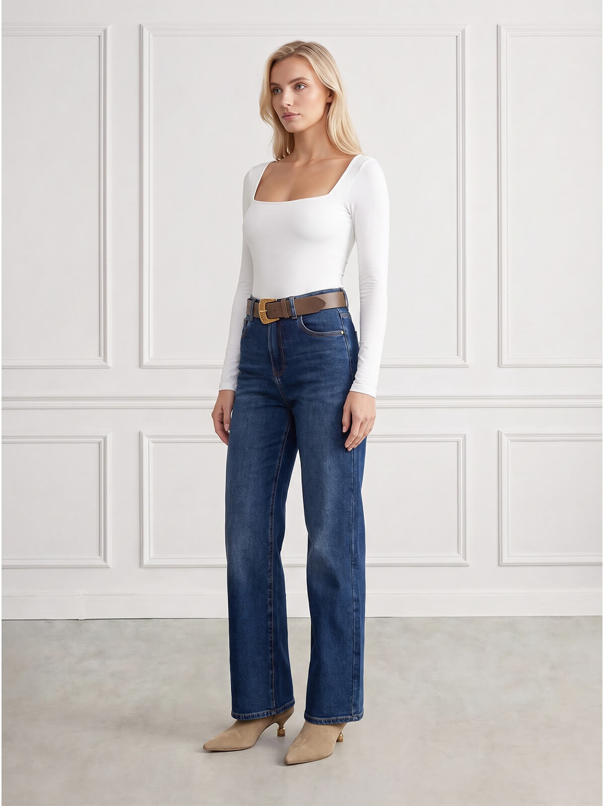 Spodnie jeans damskie M.Sara szerokie proste nogawki Straight C.Niebieskie - J261494