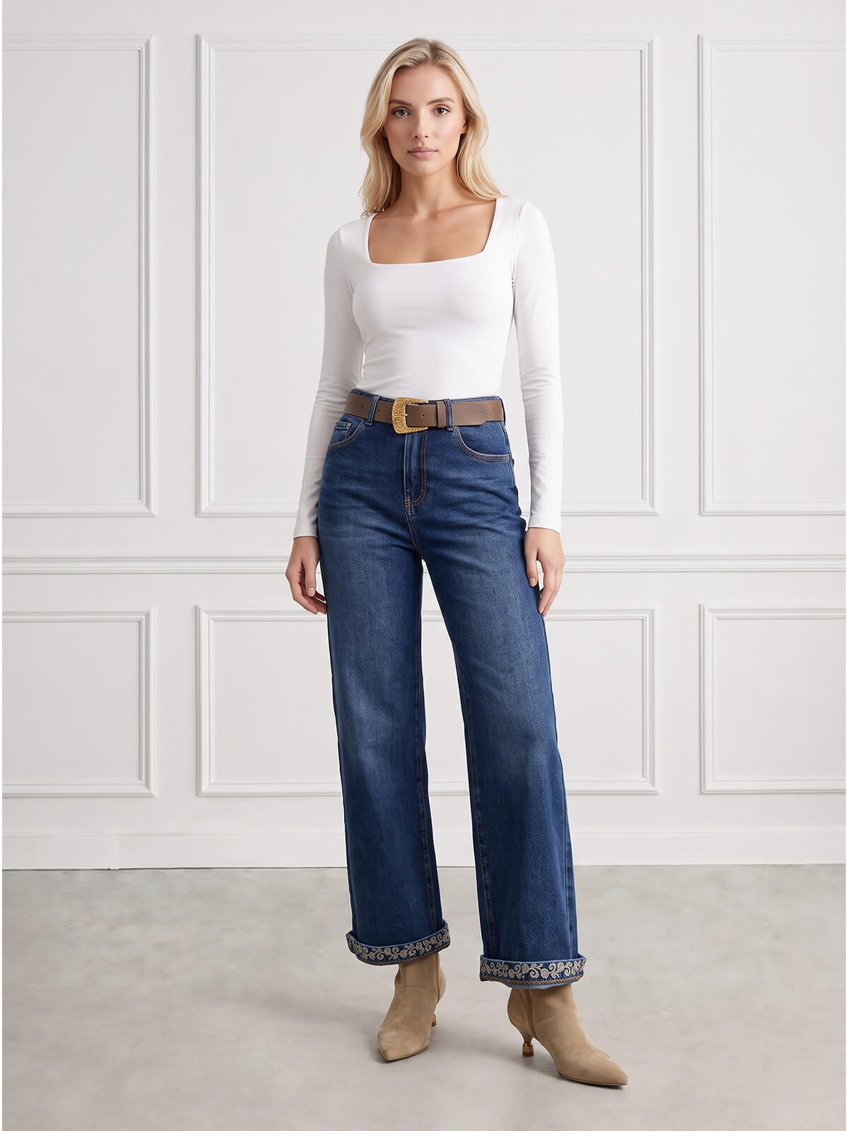 Spodnie jeans damskie M.Sara szerokie proste nogawki Straight C.Niebieskie - J261494
