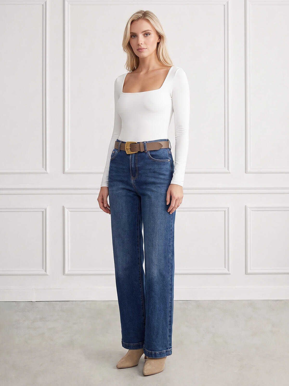 Spodnie jeans damskie M.Sara szerokie proste nogawki Straight C.Niebieskie - J261494