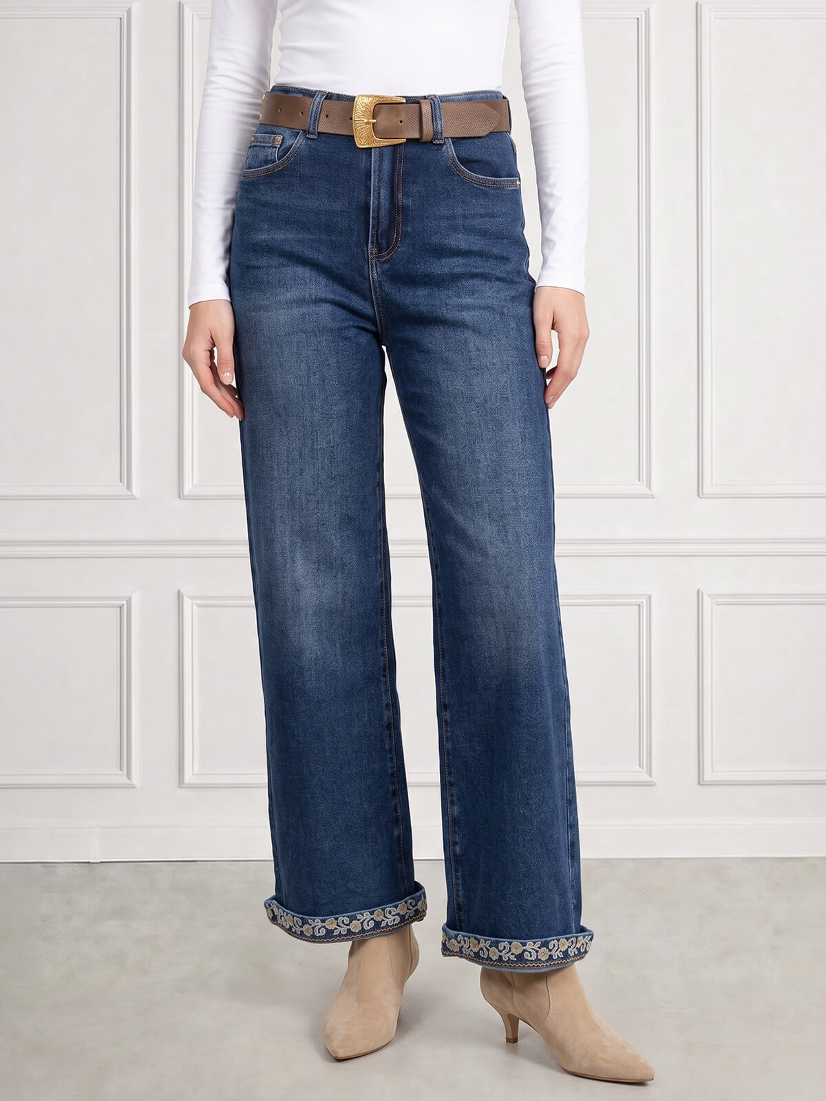 Spodnie jeans damskie M.Sara szerokie proste nogawki Straight C.Niebieskie - J261494