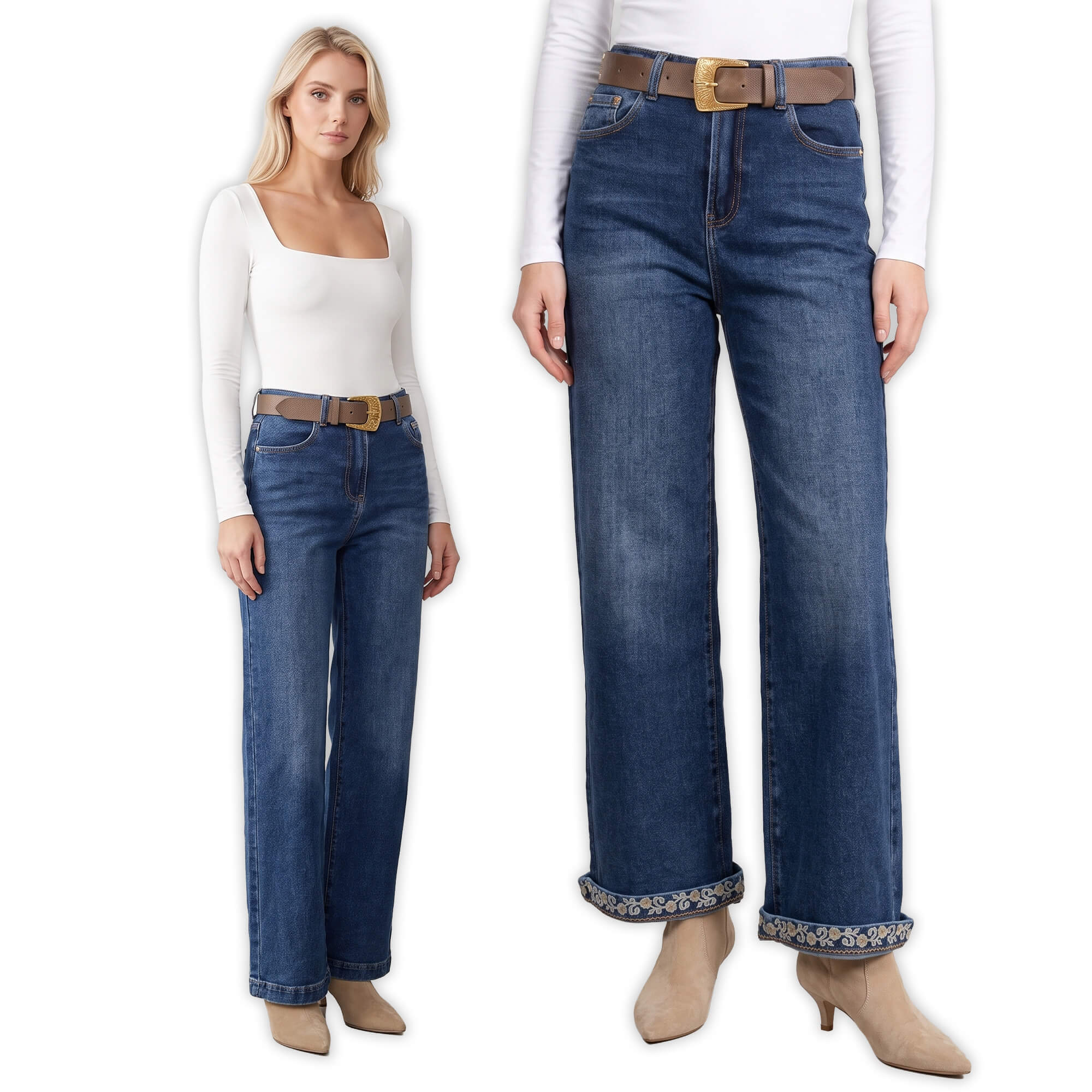 Spodnie jeans damskie M.Sara szerokie proste nogawki Straight C.Niebieskie - J261494