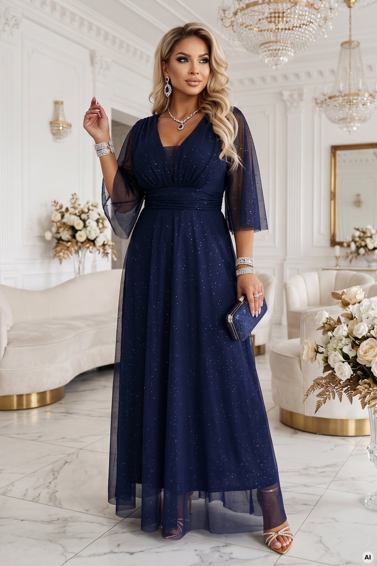 654-7 Długa połyskująca sukienka plus size z dekoltem i transparentnym rękawkiem - granatowa-1 68575 