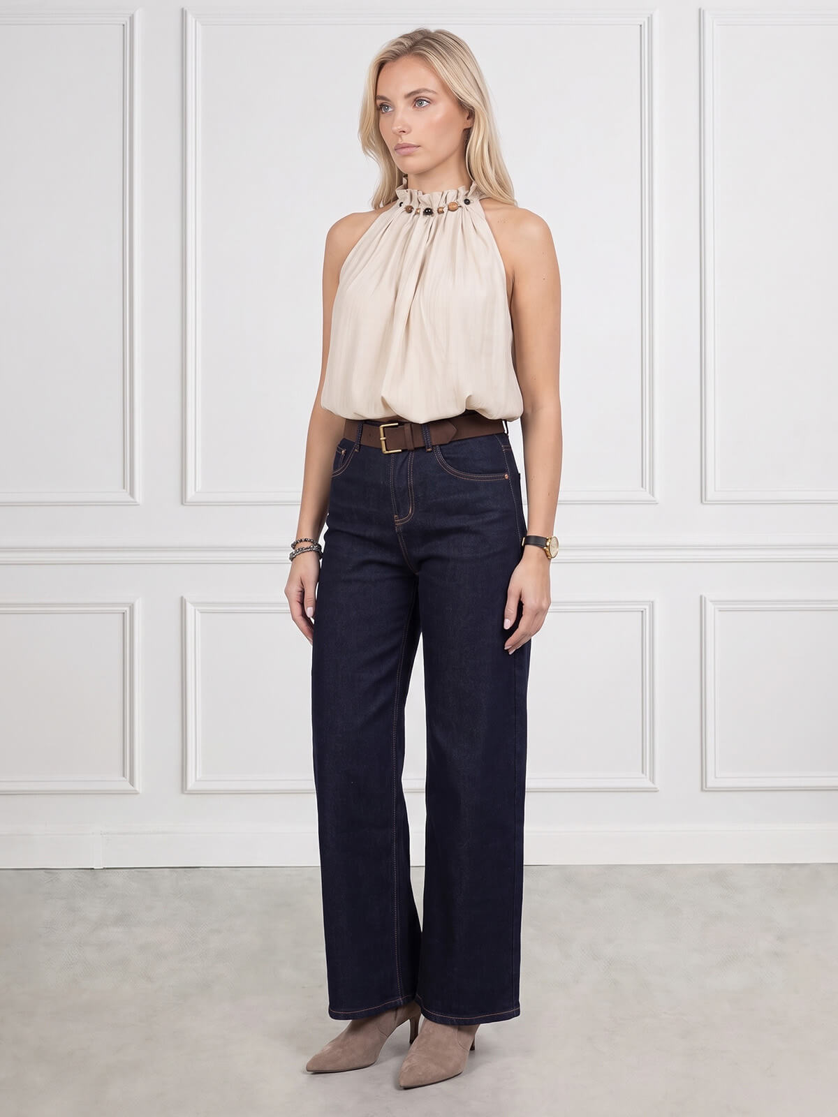 Spodnie jeans damskie M.Sara szerokie proste nogawki Straight Granatowe - J261489