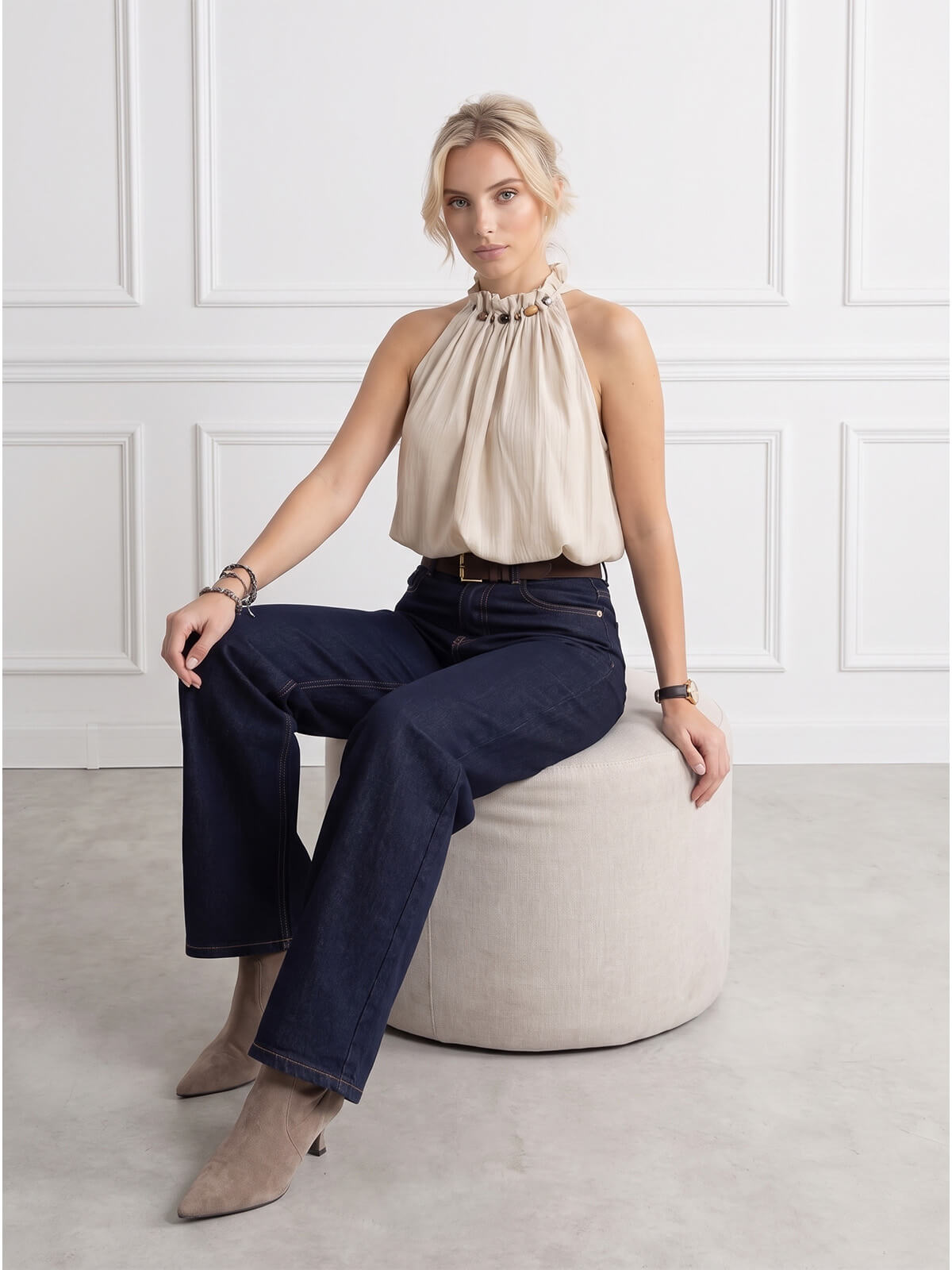 Spodnie jeans damskie M.Sara szerokie proste nogawki Straight Granatowe - J261489