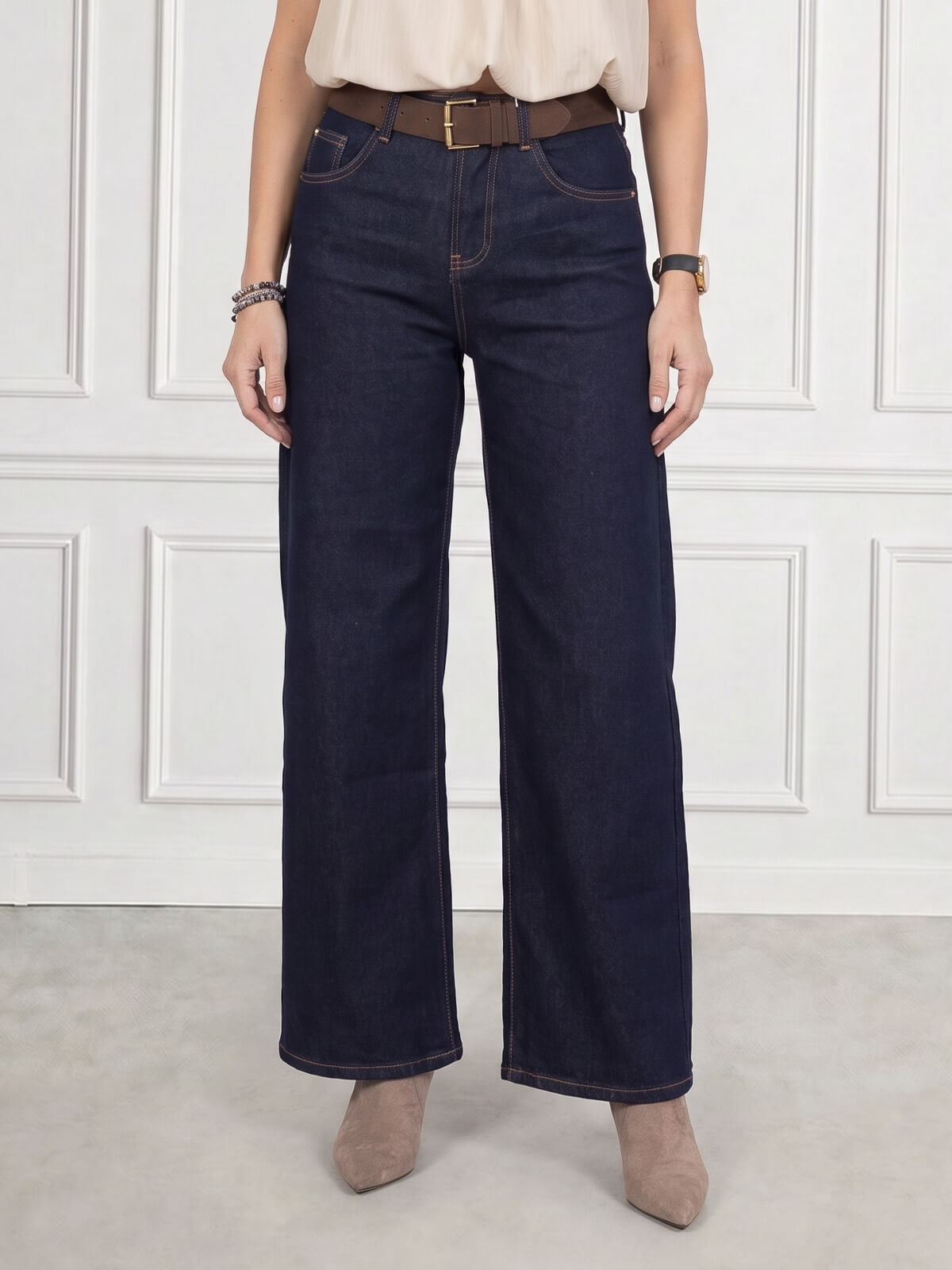 Spodnie jeans damskie M.Sara szerokie proste nogawki Straight Granatowe - J261489