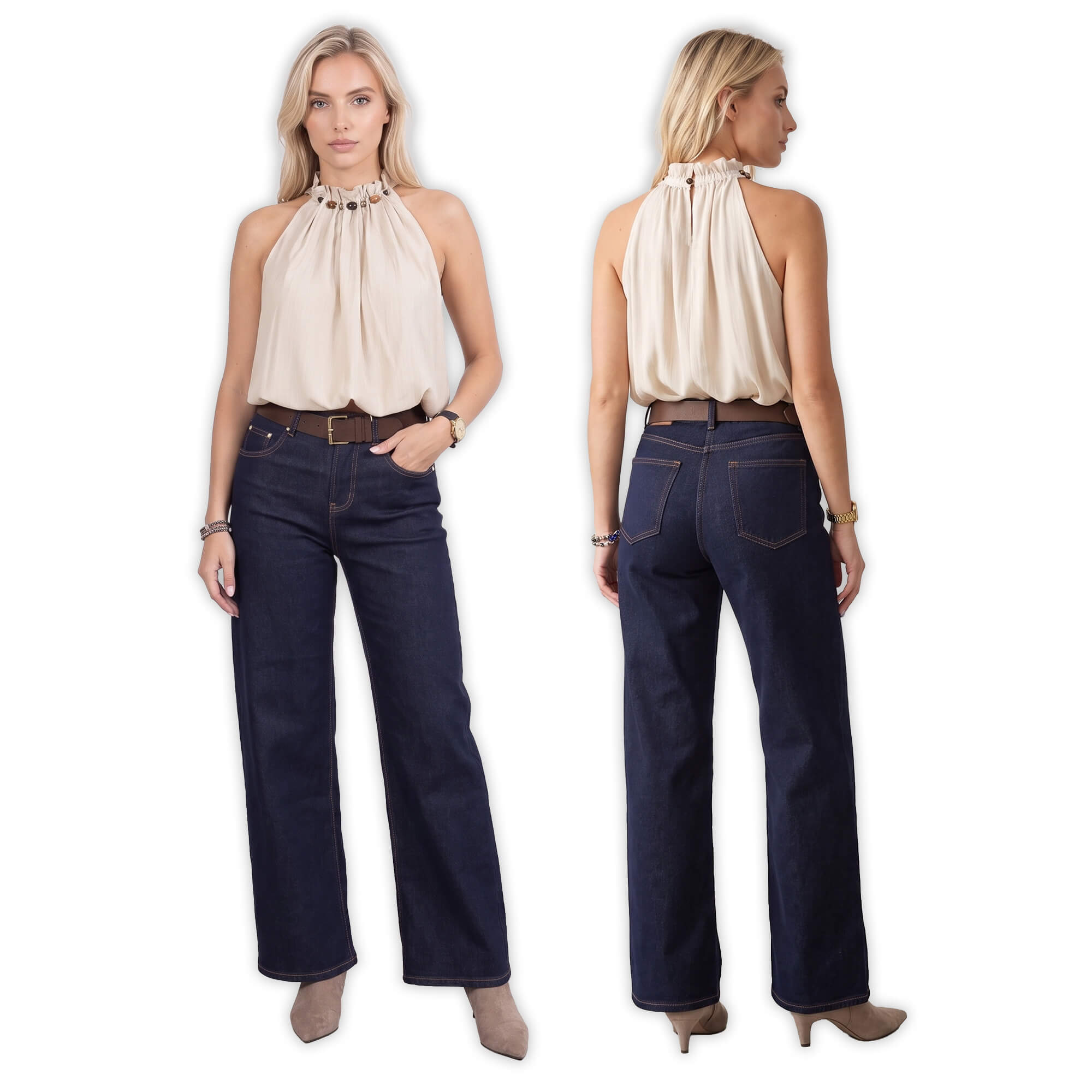 Spodnie jeans damskie M.Sara szerokie proste nogawki Straight Granatowe - J261489