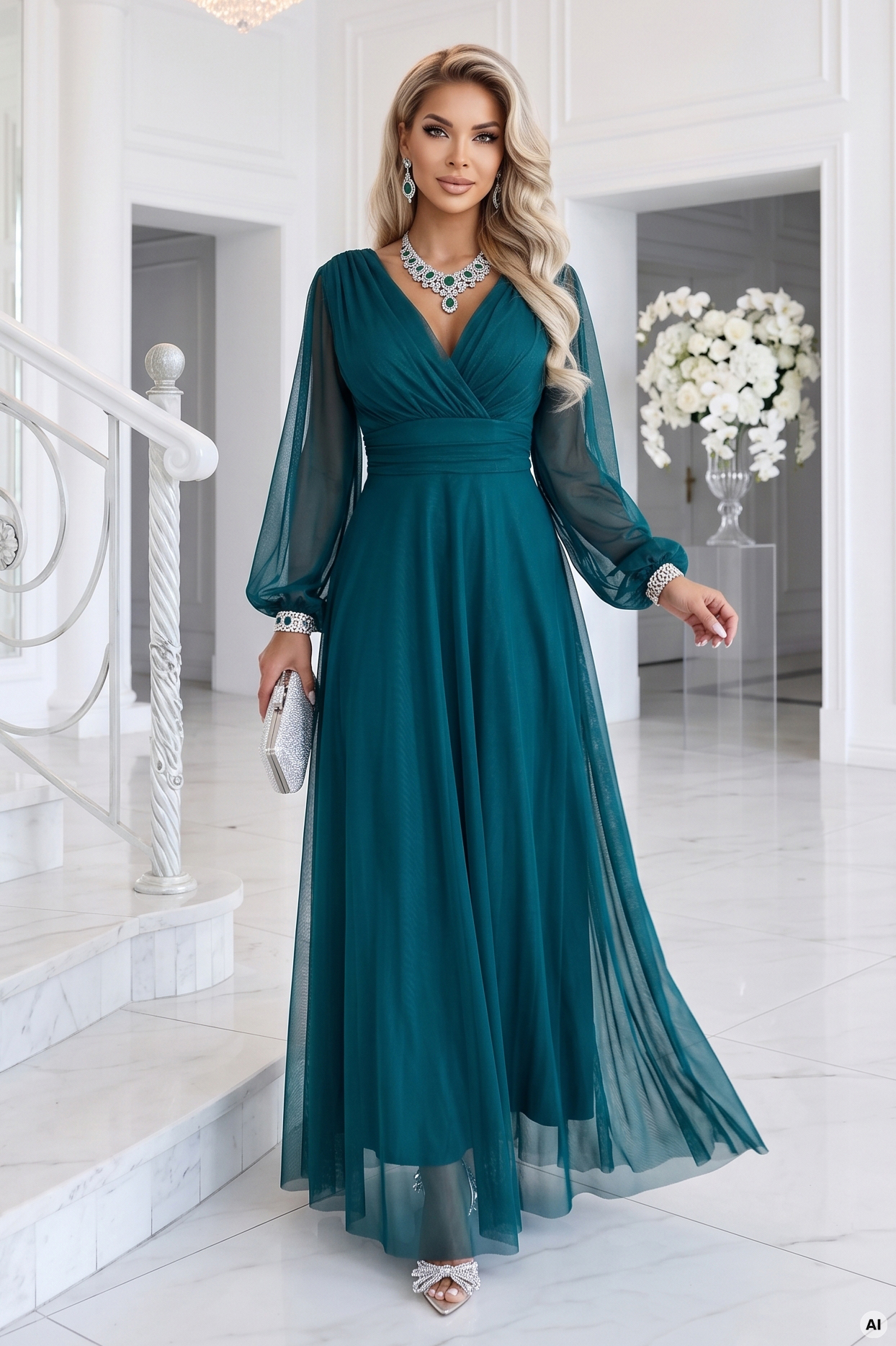 684-2 NERISSA elegancka tiulowa sukienka maxi z kopertowym dekoltem - zieleń morska-5 68580 