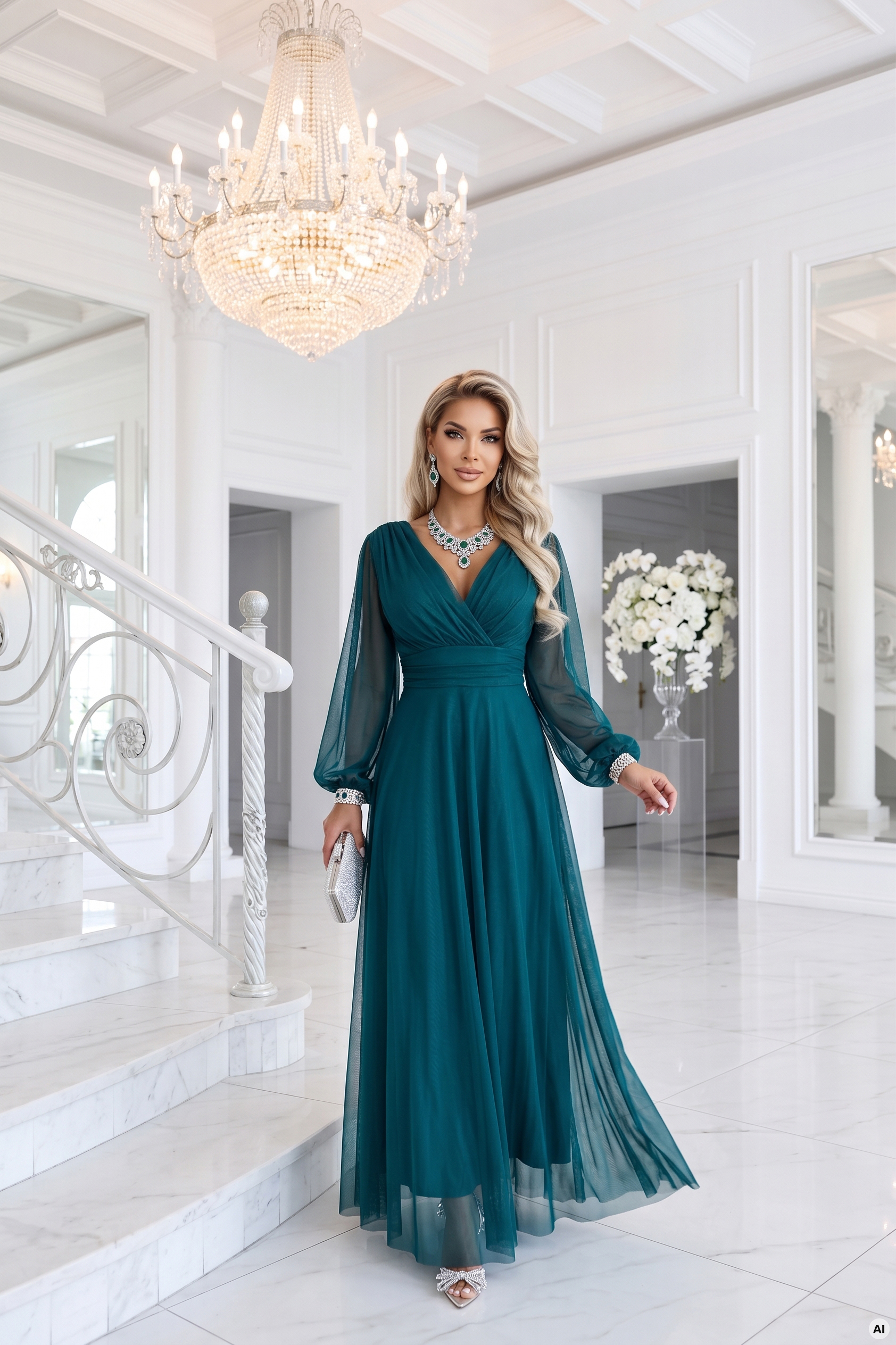 684-2 NERISSA elegancka tiulowa sukienka maxi z kopertowym dekoltem - zieleń morska-10 68580 
