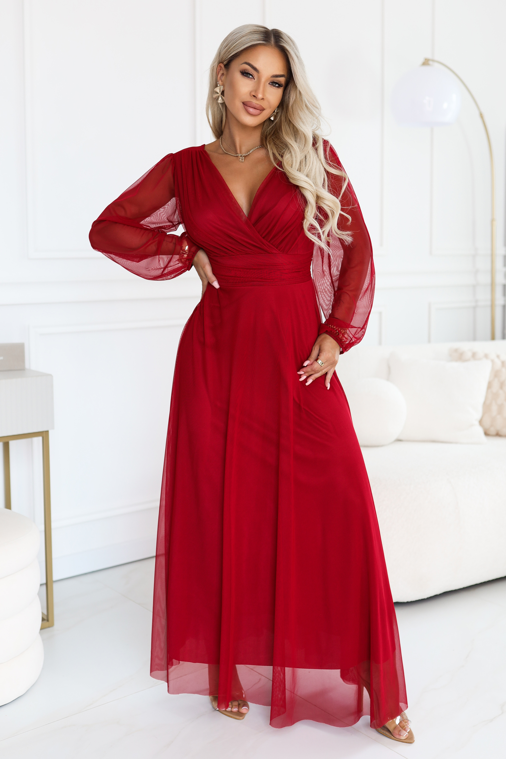 684-1 NERISSA elegancka tiulowa sukienka maxi z kopertowym dekoltem - jasne bordo-3 68581 