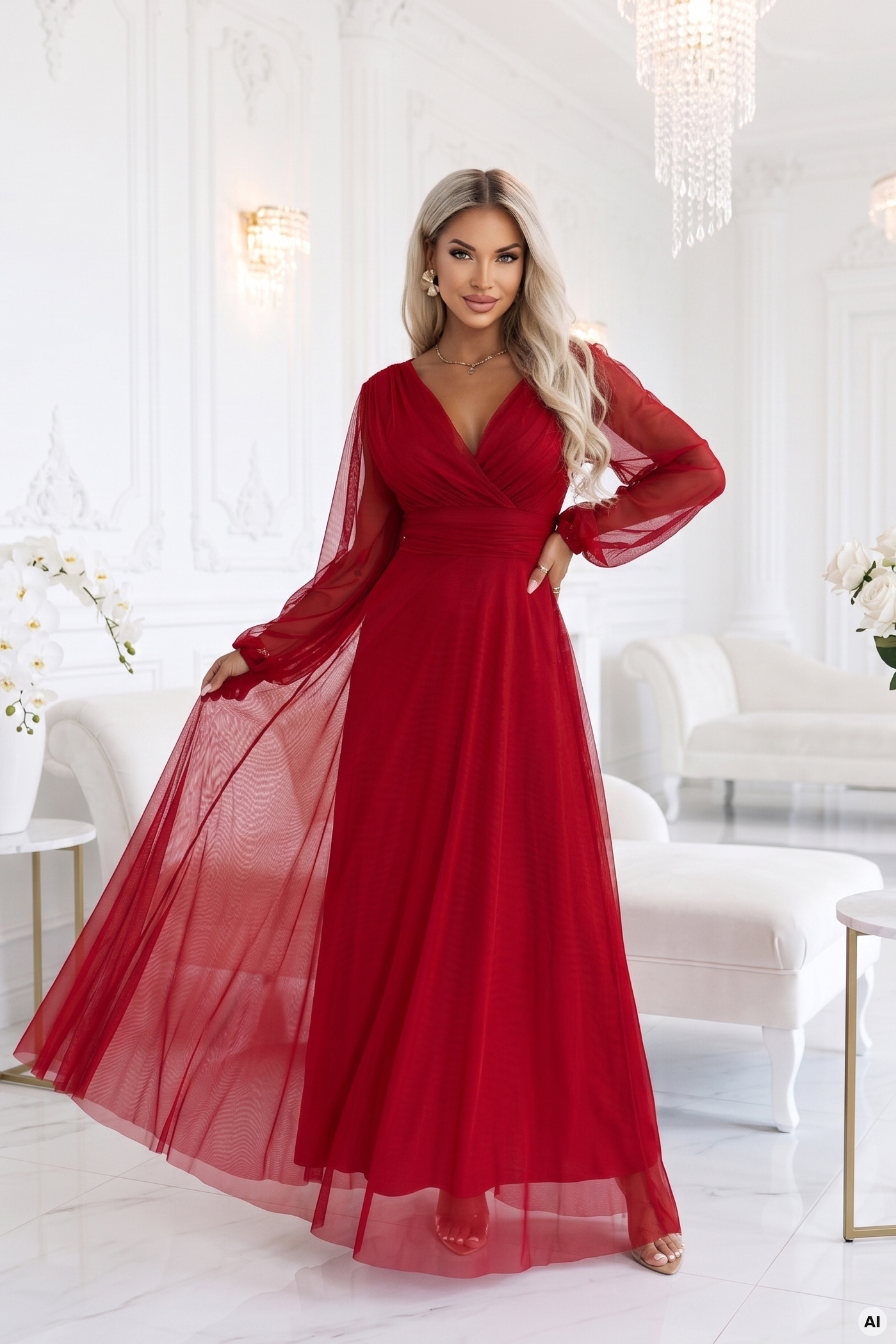 684-1 NERISSA elegancka tiulowa sukienka maxi z kopertowym dekoltem - jasne bordo-5 68581 