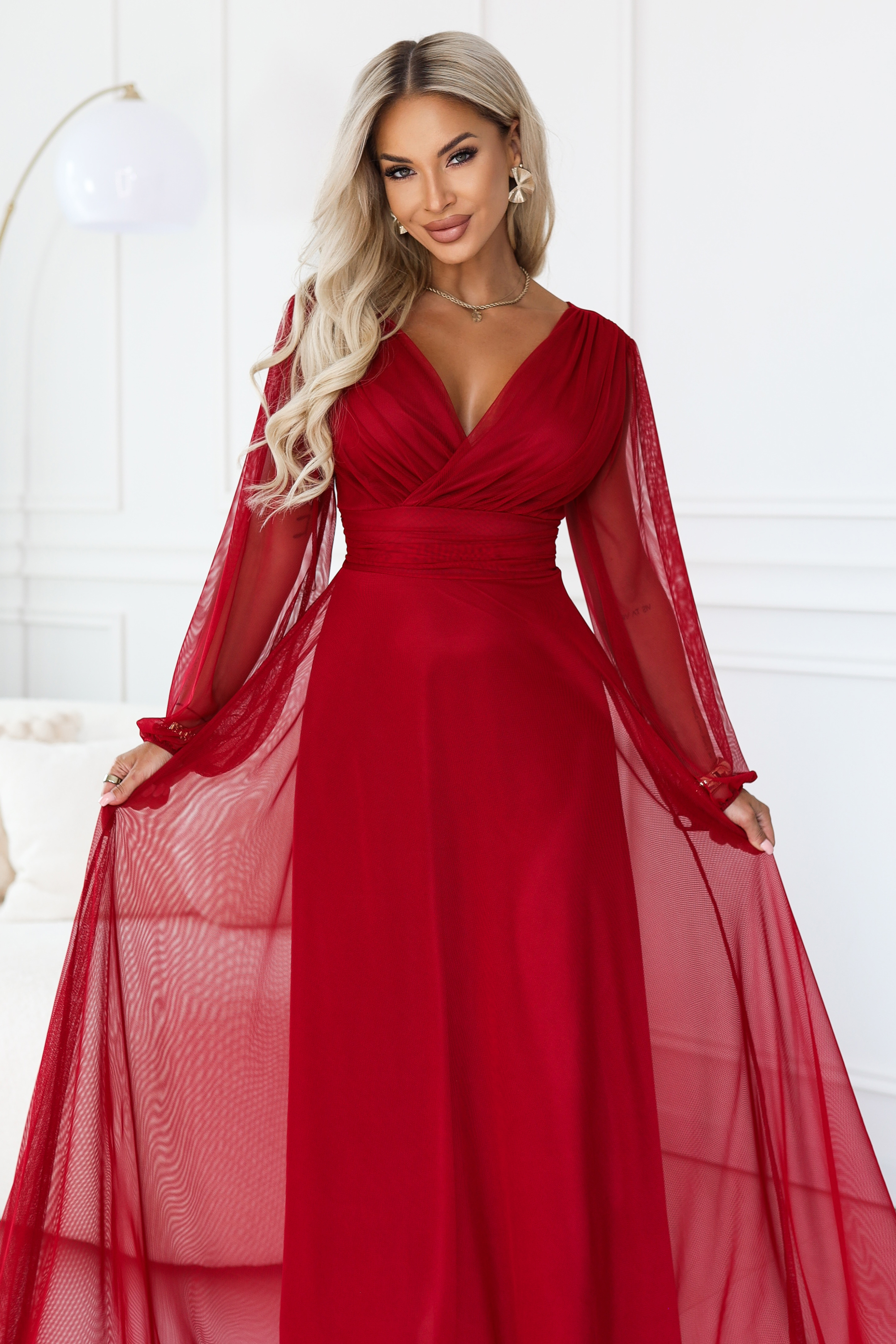 684-1 NERISSA elegancka tiulowa sukienka maxi z kopertowym dekoltem - jasne bordo-6 68581 