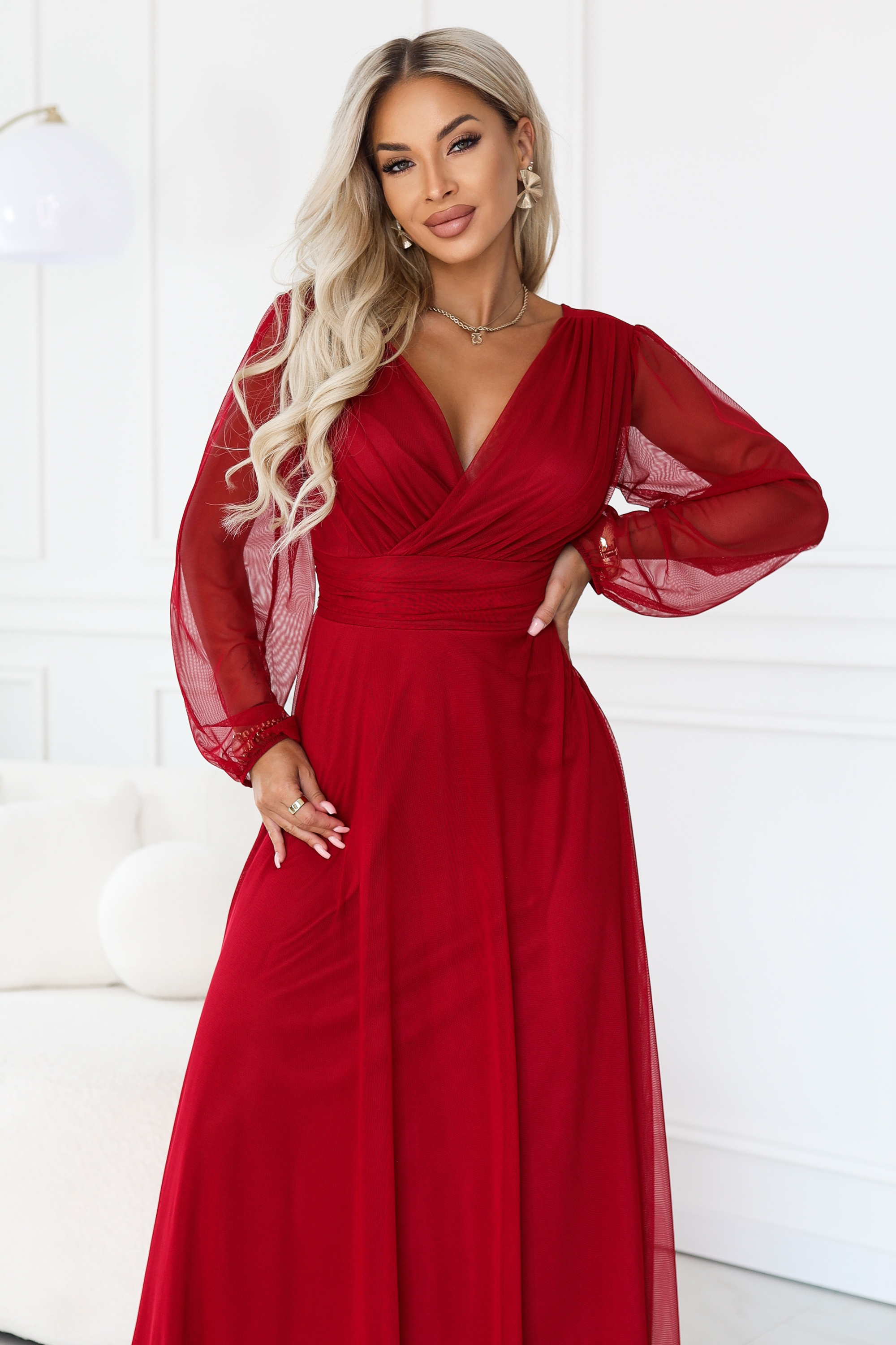 684-1 NERISSA elegancka tiulowa sukienka maxi z kopertowym dekoltem - jasne bordo-7 68581 