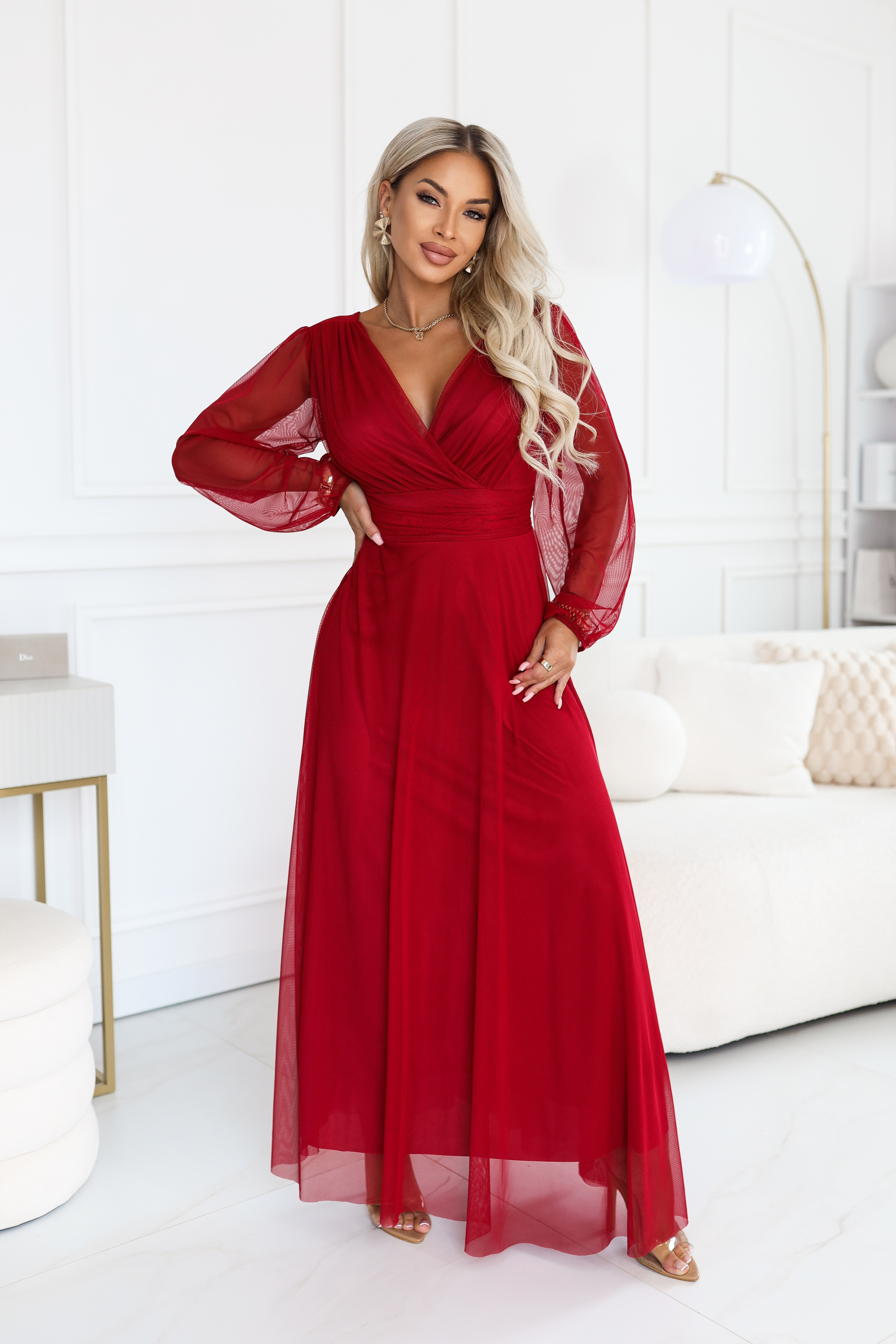 684-1 NERISSA elegancka tiulowa sukienka maxi z kopertowym dekoltem - jasne bordo-9 68581 