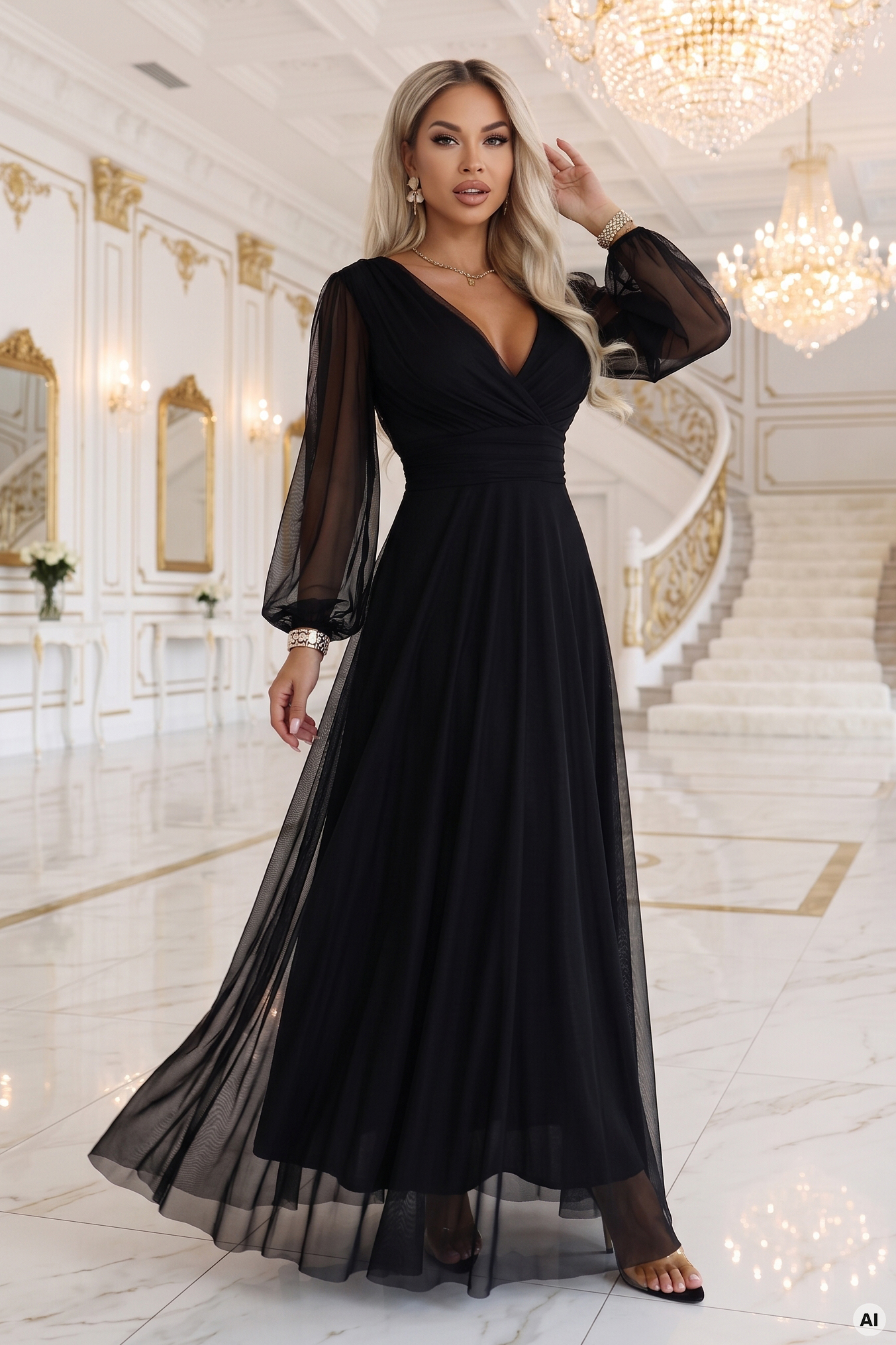 684-4 NERISSA elegancka tiulowa sukienka maxi z kopertowym dekoltem - czarna-7 68582 