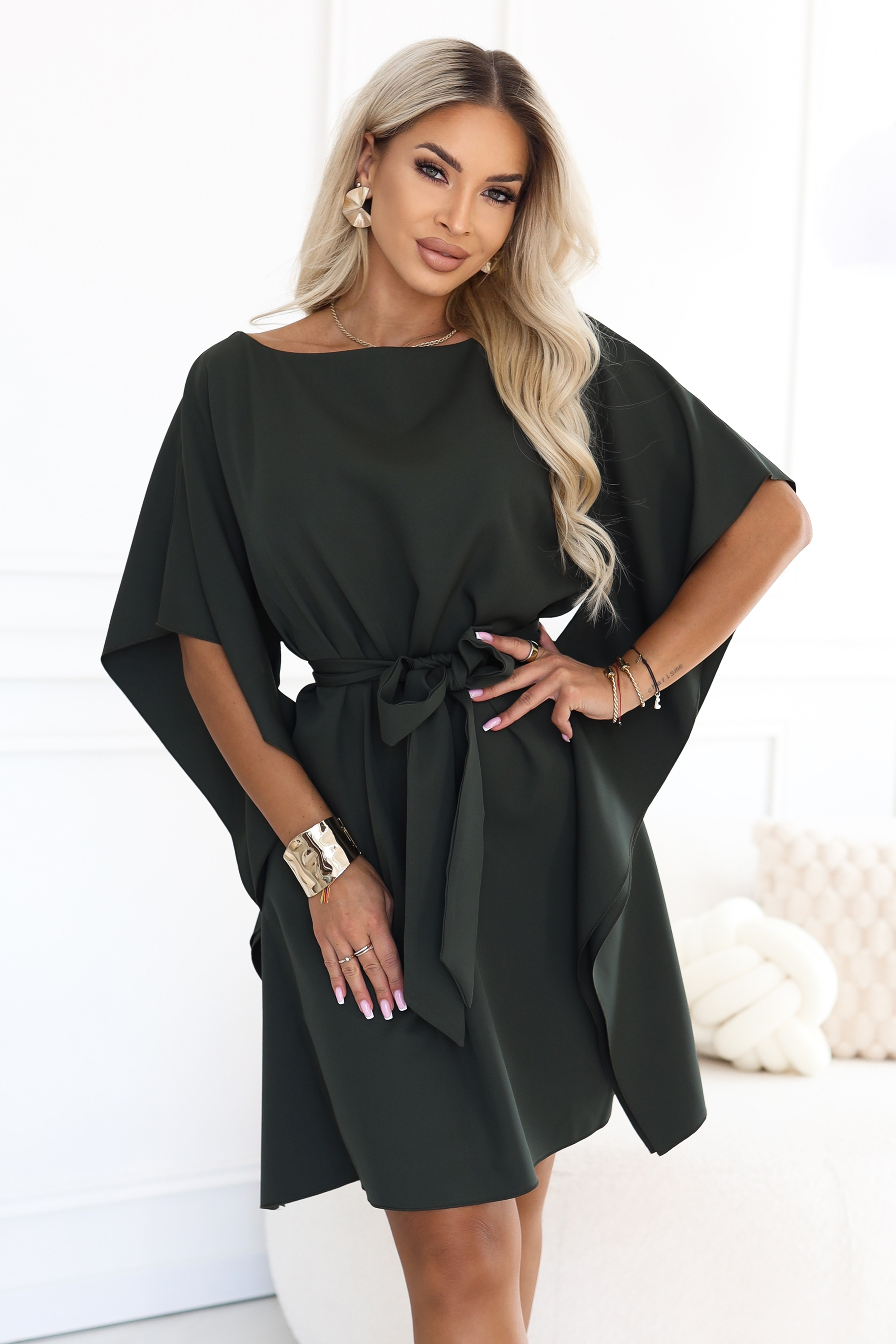 287-46 SOFIA Kobieca sukienka typu motyl z wiązaniem w pasie - ciemny khaki-5 68593 
