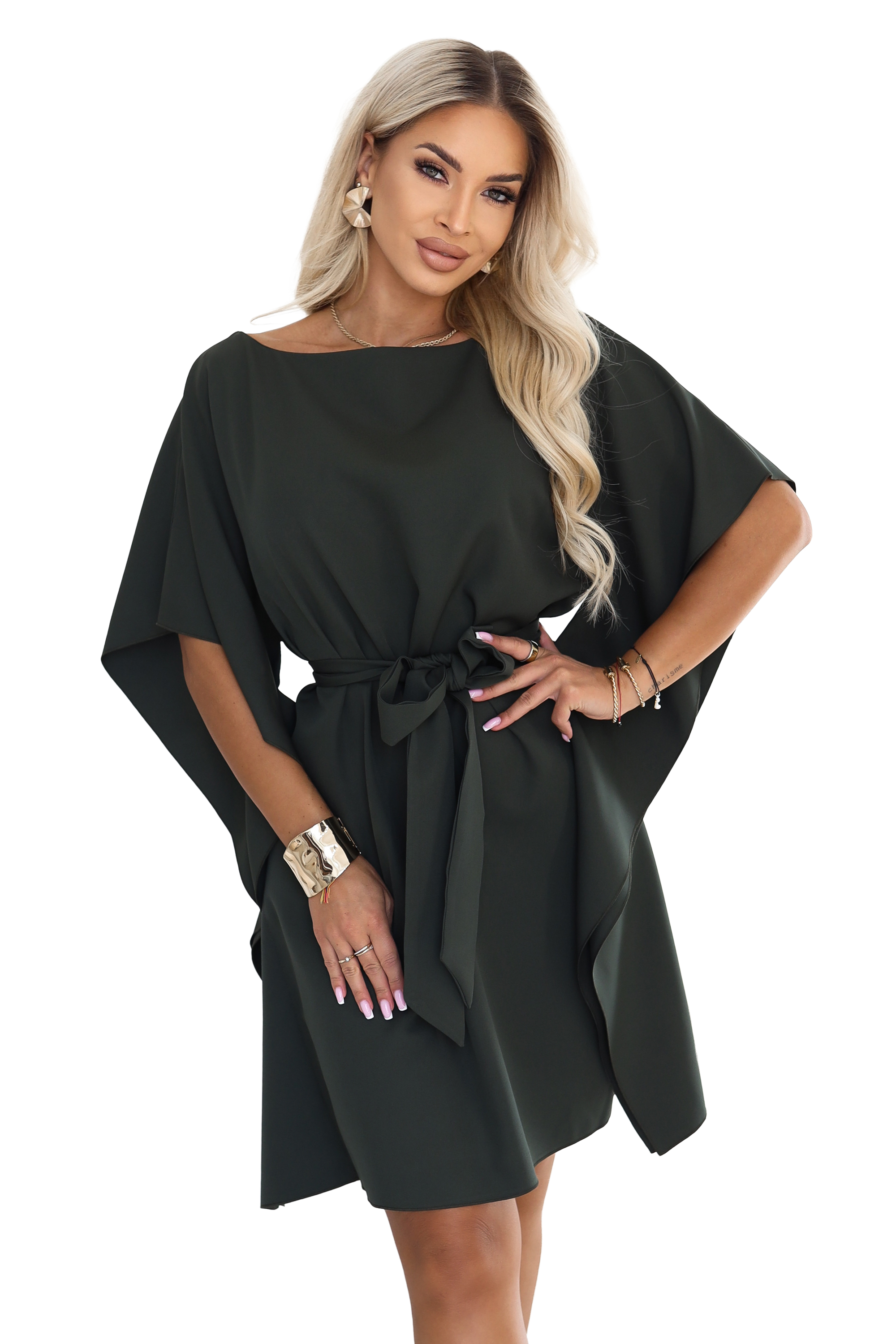287-46 SOFIA Kobieca sukienka typu motyl z wiązaniem w pasie - ciemny khaki-10 68593 