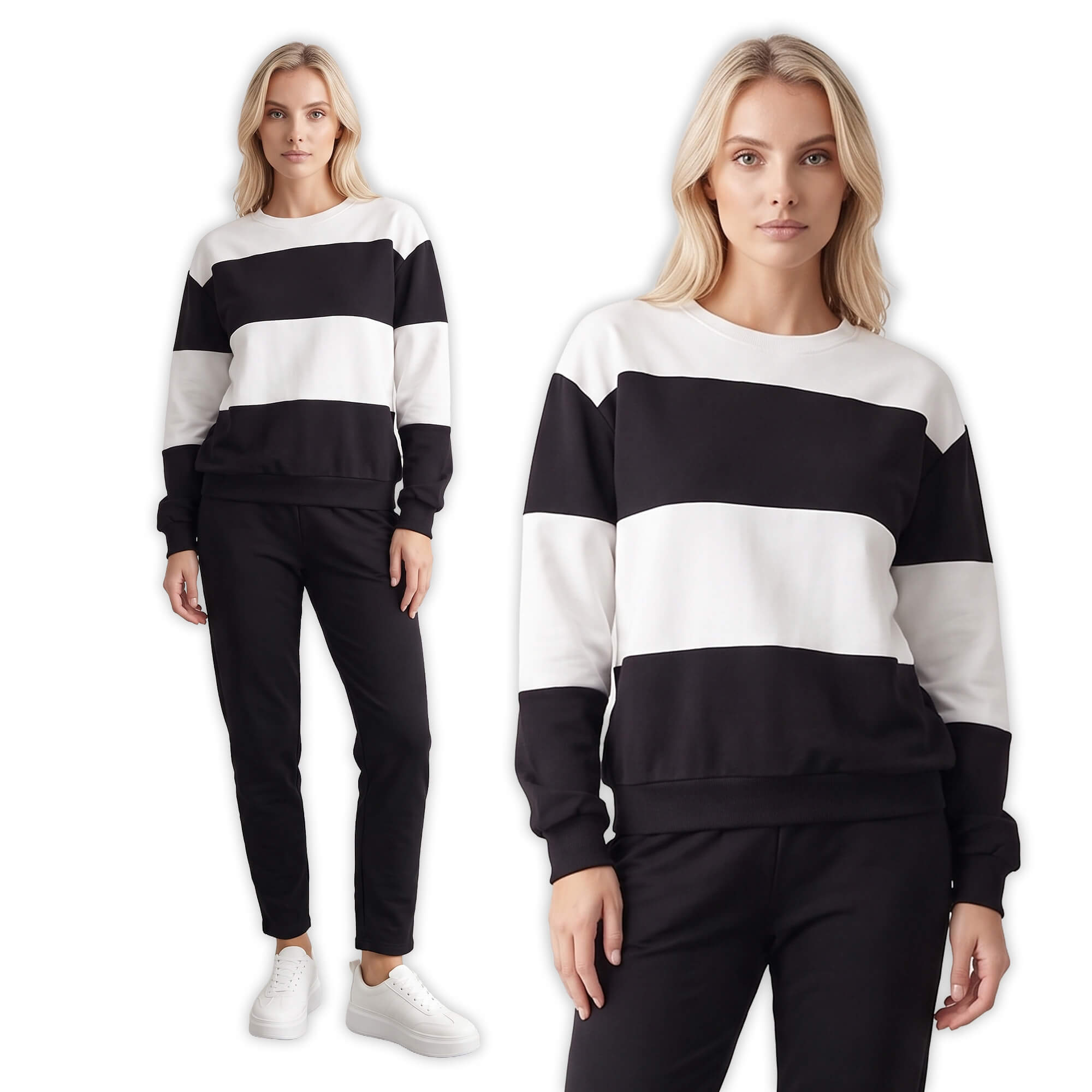 Bluza dresowa damska Megi w paski długi rękaw Śmietankowa/Czarna - J260011