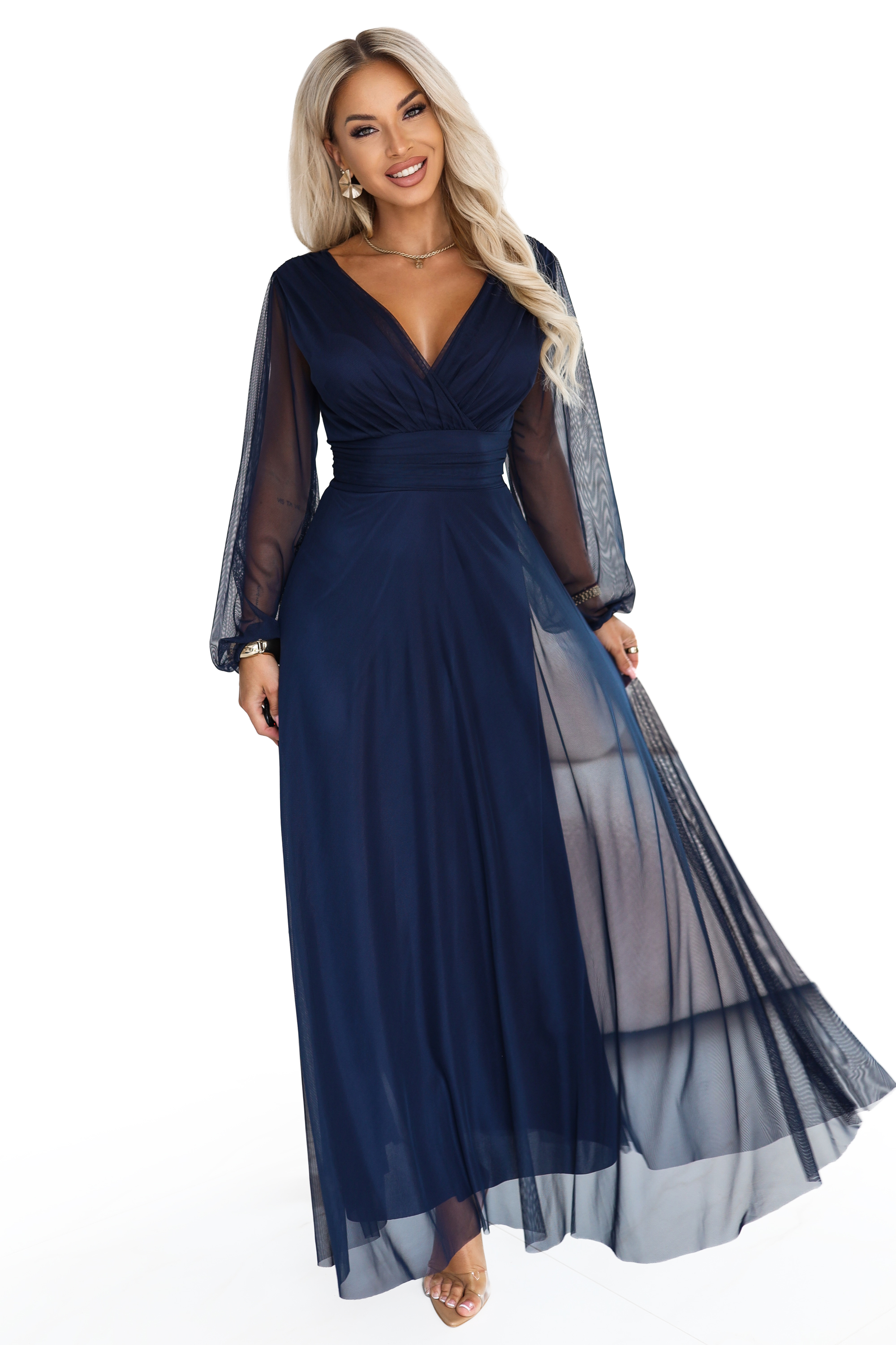 684-3 NERISSA elegancka tiulowa sukienka maxi z kopertowym dekoltem - granatowa-10 68608 